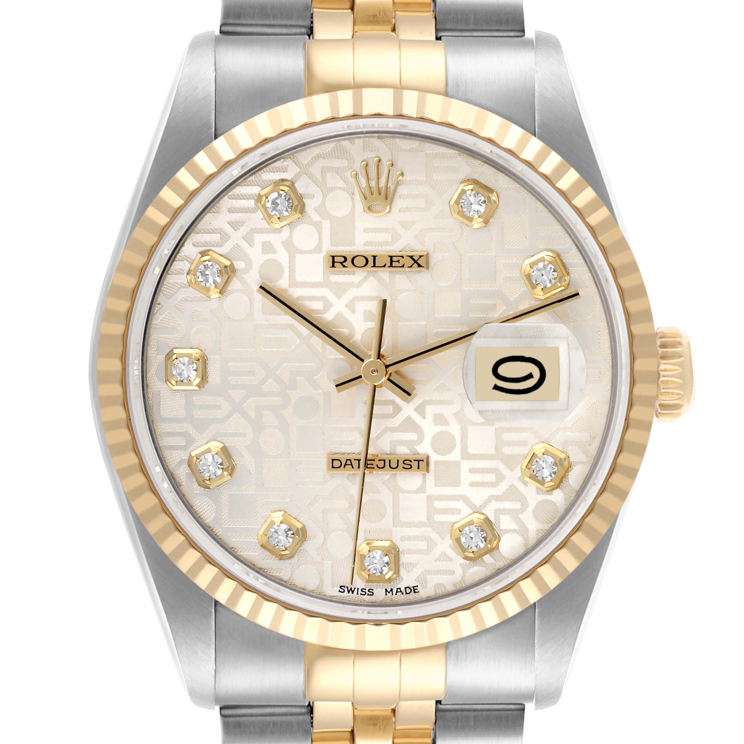 The Rolex Datejust 16233 Men
s Steel and Gold (two tone) White Dial 16233 Men
s Steel and Gold (two tone) White Dial watch is shown from the front, highlighting its face, dial, date window, and bezel.