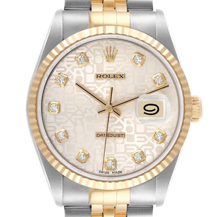 The Rolex Datejust watch is shown from the front, highlighting its face, dial, date window, and bezel.