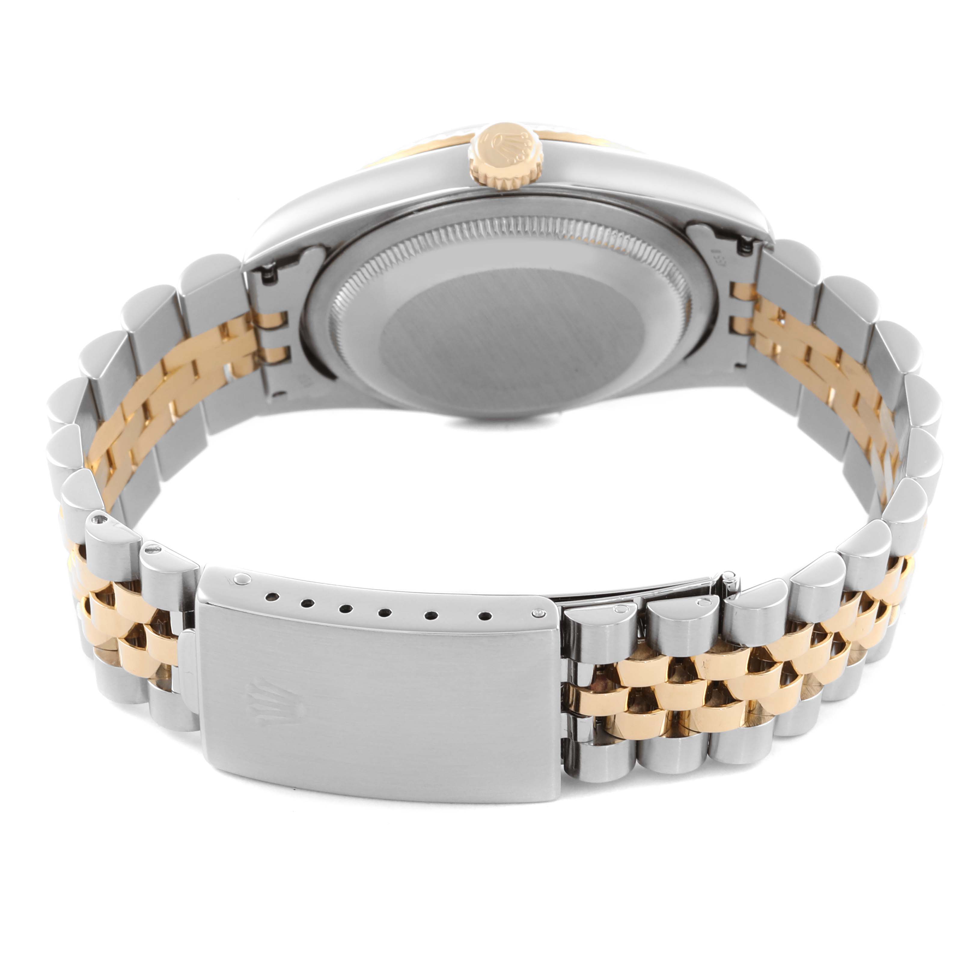 The image shows the back view of a Rolex Datejust 16233 Men
s Steel and Gold (two tone) White Dial 16233 Men
s Steel and Gold (two tone) White Dial watch, highlighting the bracelet and clasp.