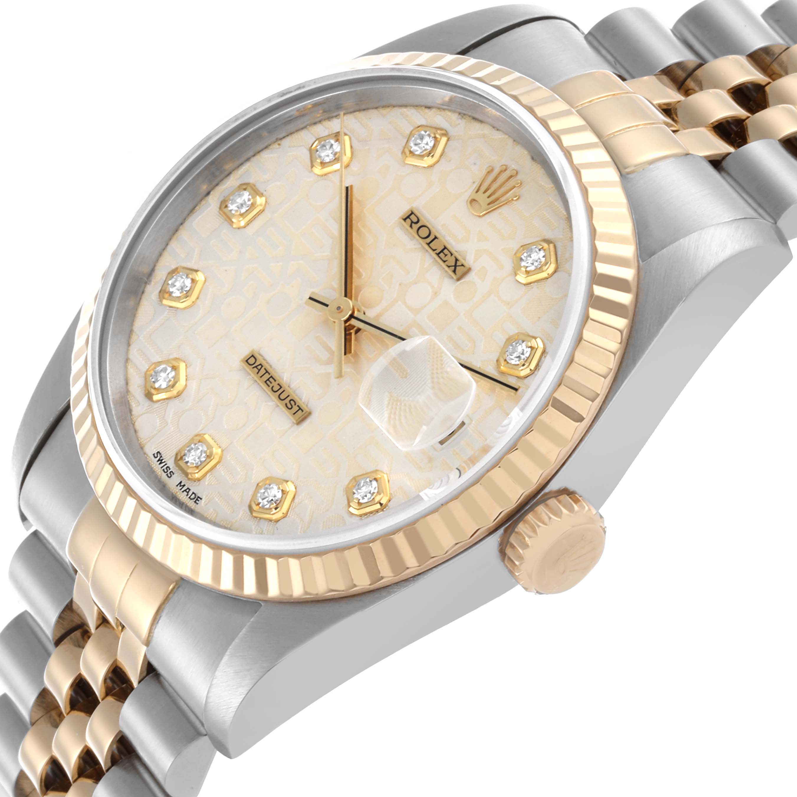 The Rolex Datejust 16233 Men
s Steel and Gold (two tone) White Dial 16233 Men
s Steel and Gold (two tone) White Dial watch is shown at an angled side view, highlighting the bezel, crown, and partial bracelet.