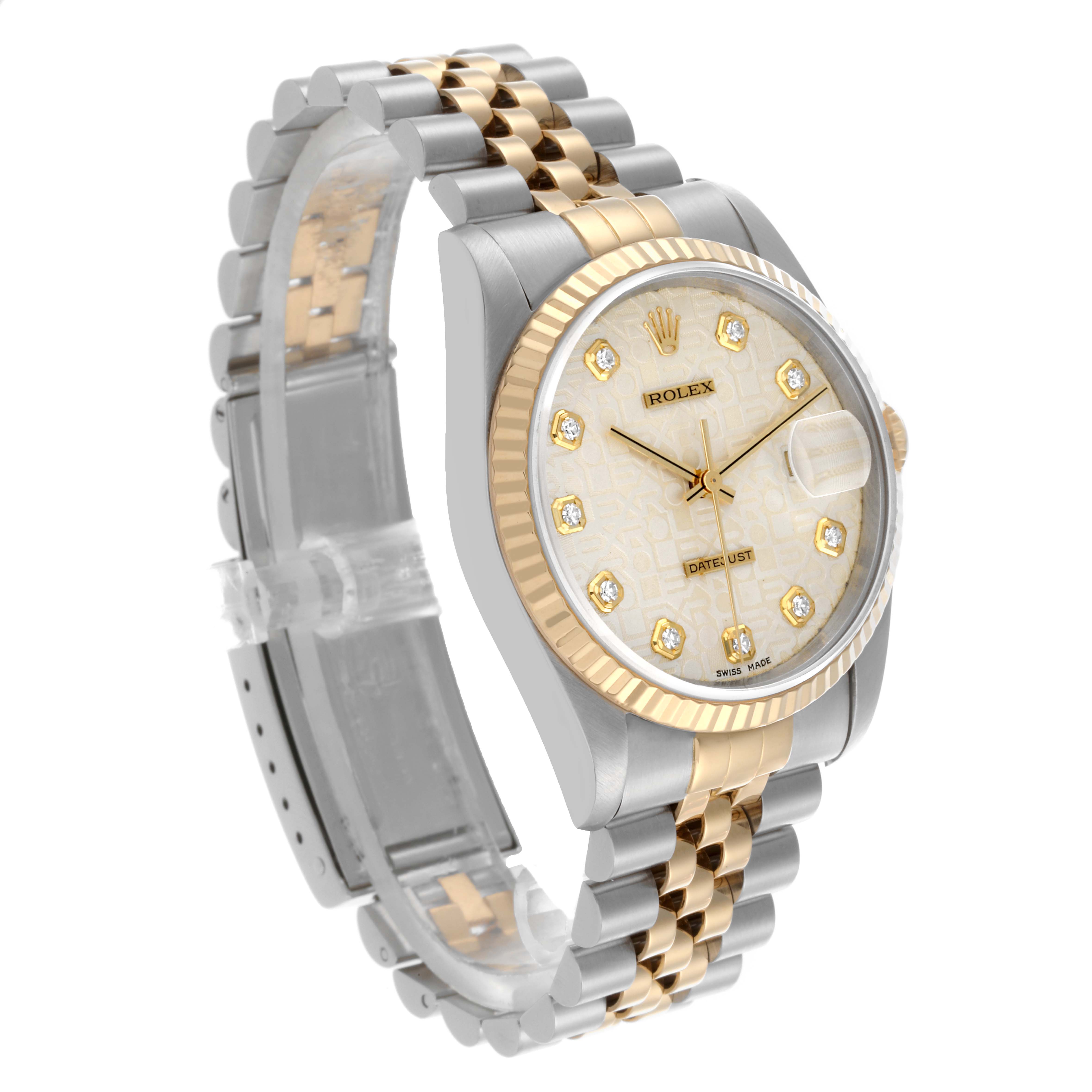 The Rolex Datejust 16233 Men
s Steel and Gold (two tone) White Dial 16233 Men
s Steel and Gold (two tone) White Dial watch is shown at a three-quarter angle, displaying the bezel, dial, and two-tone bracelet.