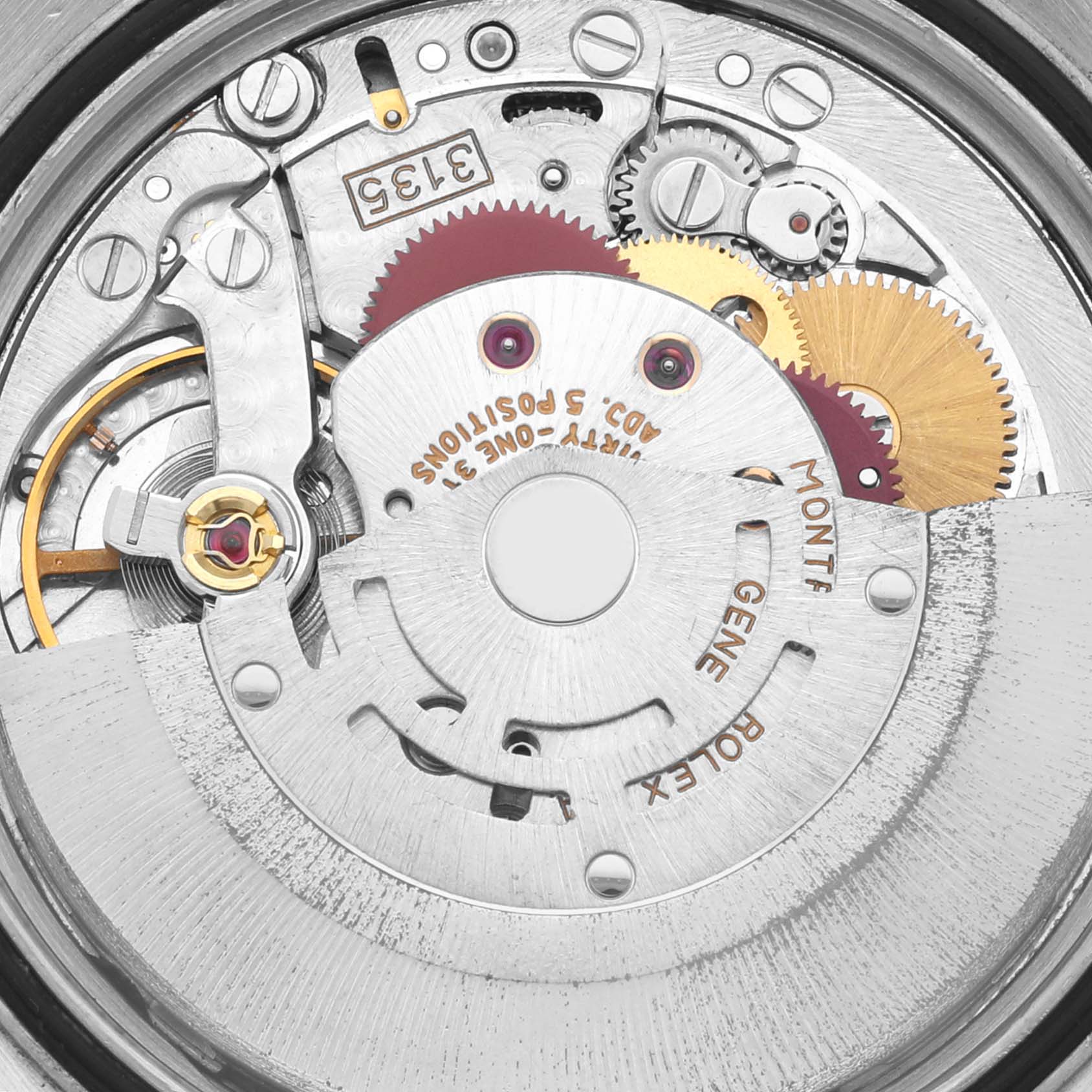 The image shows the intricate movement and gears of a Rolex Datejust 16233 Men
s Steel and Gold (two tone) White Dial 16233 Men
s Steel and Gold (two tone) White Dial watch viewed from above.