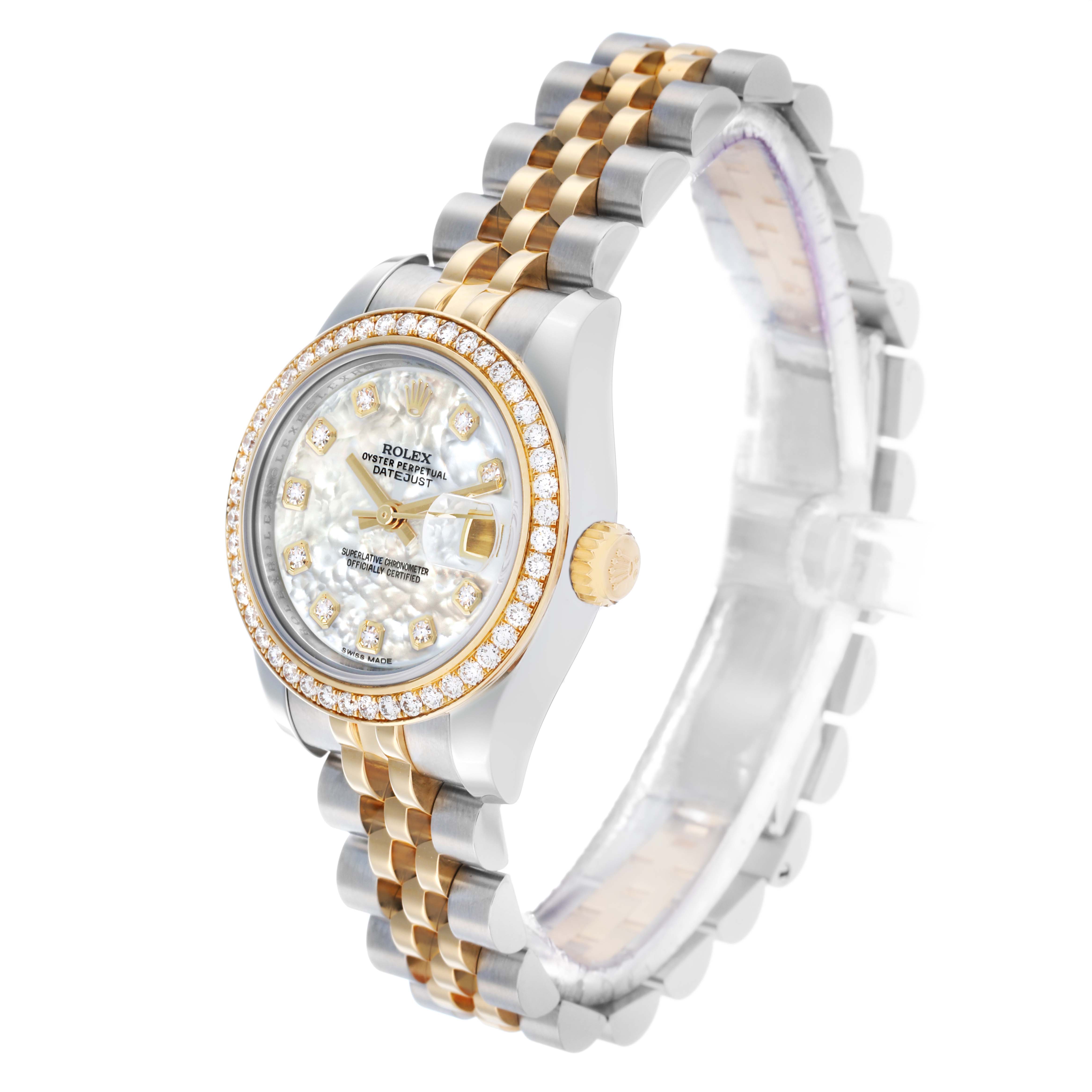 The Rolex Datejust 179383 Women's Steel and Gold (two tone) Mother of Pearl Dial watch is shown at an angled side view, highlighting the bezel, dial, crown, and Jubilee bracelet.
