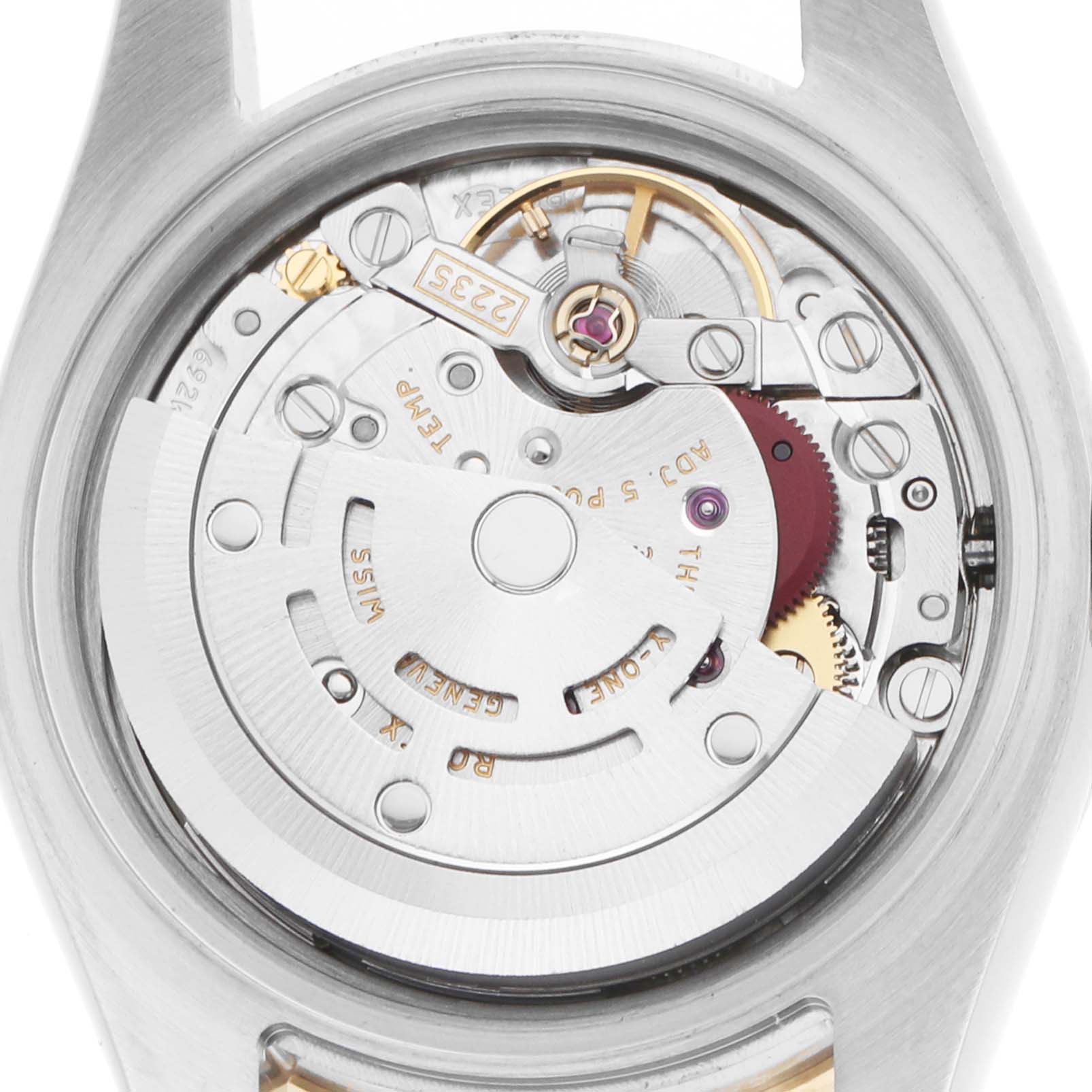 The image shows the back view of the Rolex Datejust 179383 Women's Steel and Gold (two tone) Mother of Pearl Dial, revealing its movement and internal mechanical components.