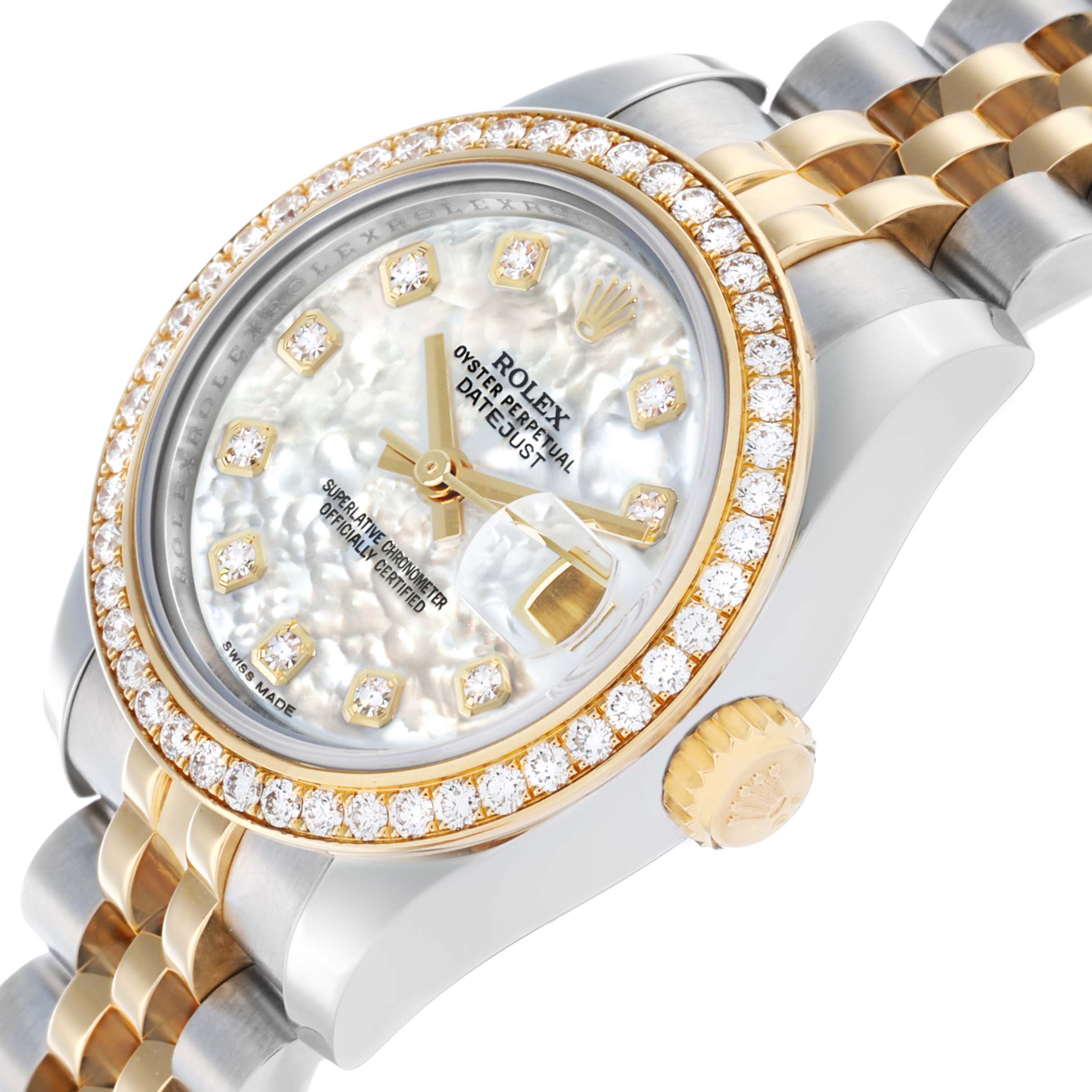 The Rolex Datejust 179383 Women's Steel and Gold (two tone) Mother of Pearl Dial watch is shown at an angle highlighting the face, bezel, and part of the two-tone bracelet.