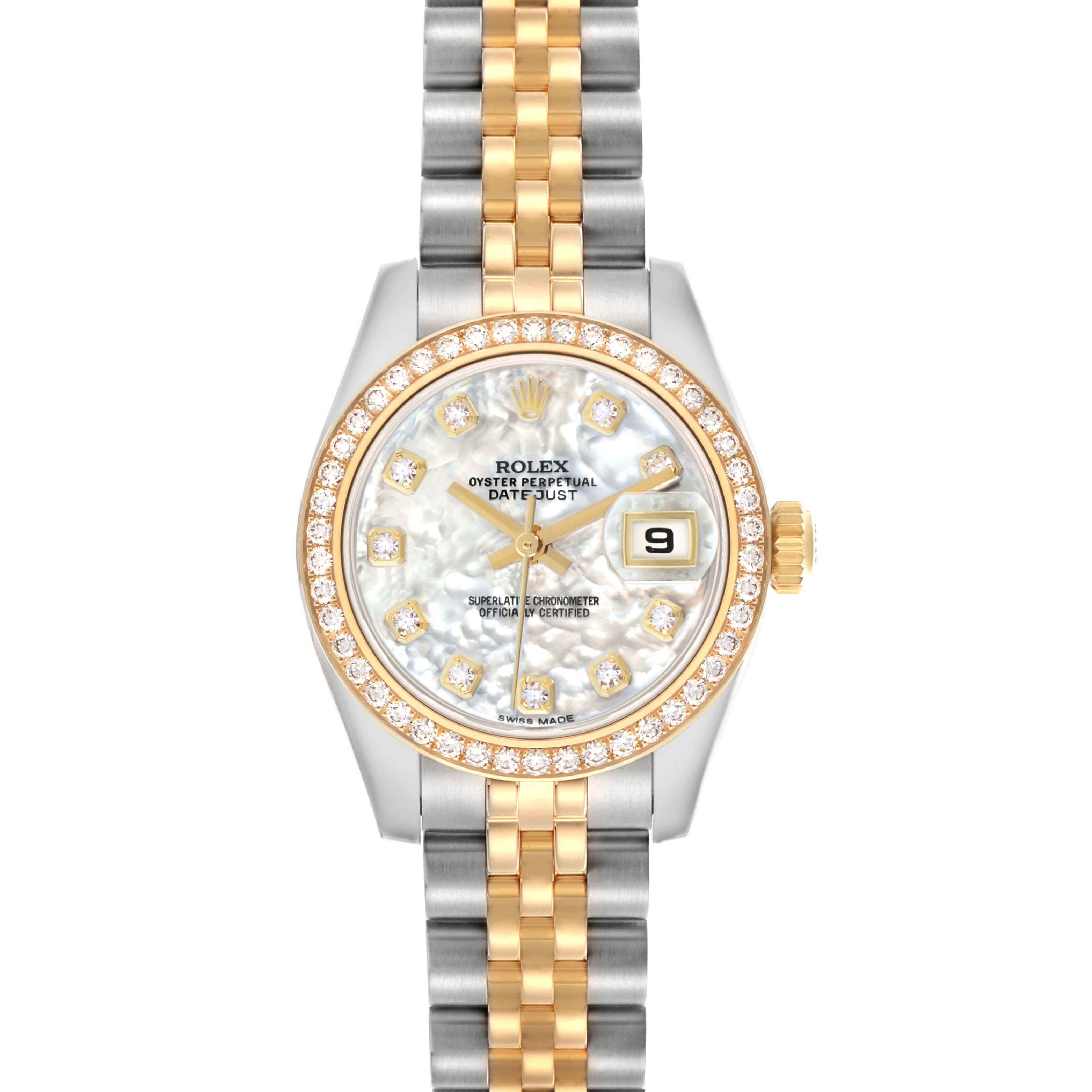 The Rolex Datejust 179383 Women's Steel and Gold (two tone) Mother of Pearl Dial watch is shown from a top-down angle, highlighting the dial, bezel, and two-tone bracelet.