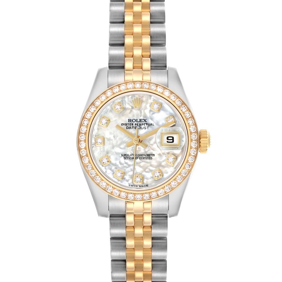 The Rolex Datejust 179383 Women's Steel and Gold (two tone) Mother of Pearl Dial watch is shown from a top-down angle, highlighting the dial, bezel, and two-tone bracelet.