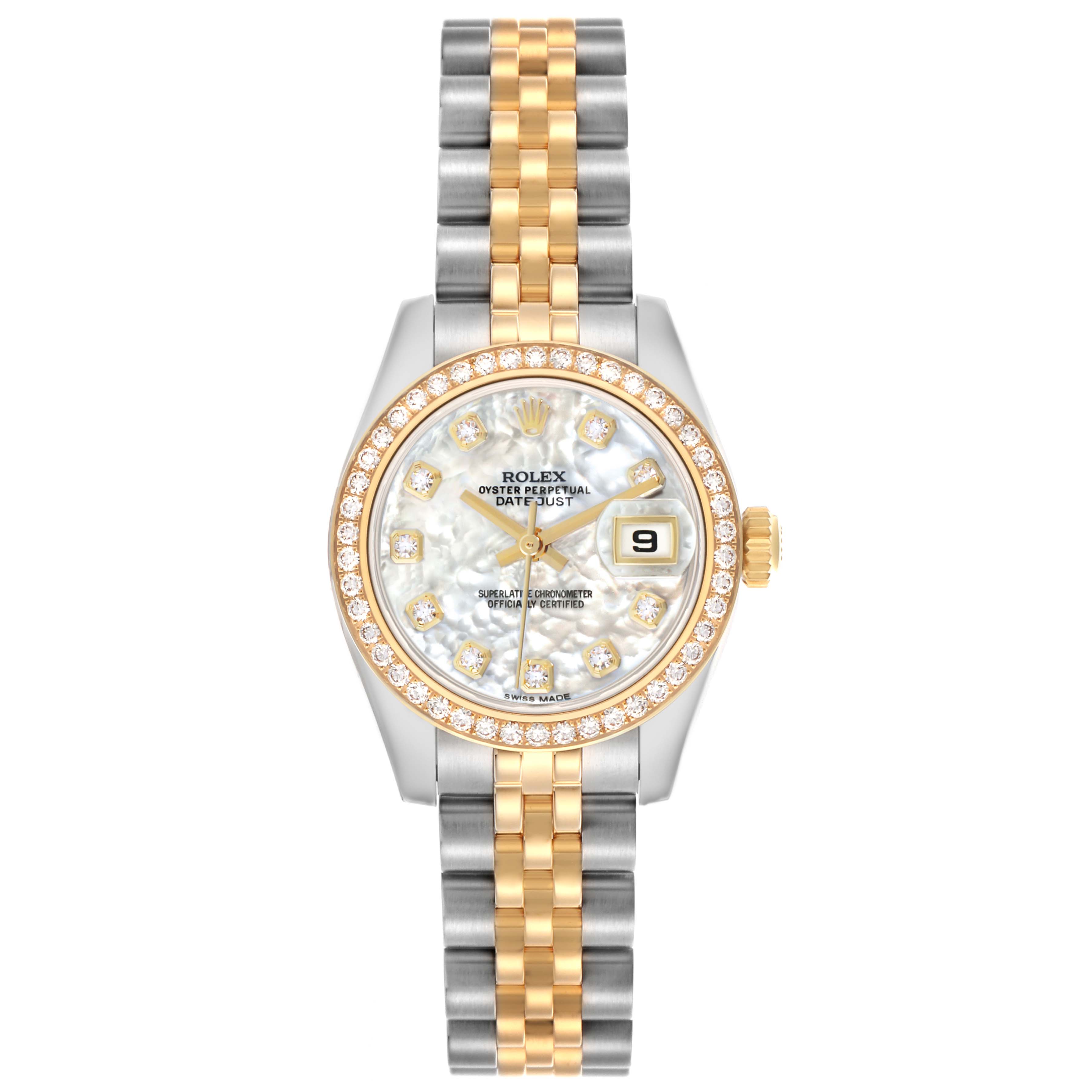 The Rolex Datejust 179383 Women's Steel and Gold (two tone) Mother of Pearl Dial watch is shown from a top-down angle, displaying the face, bezel, and bracelet.