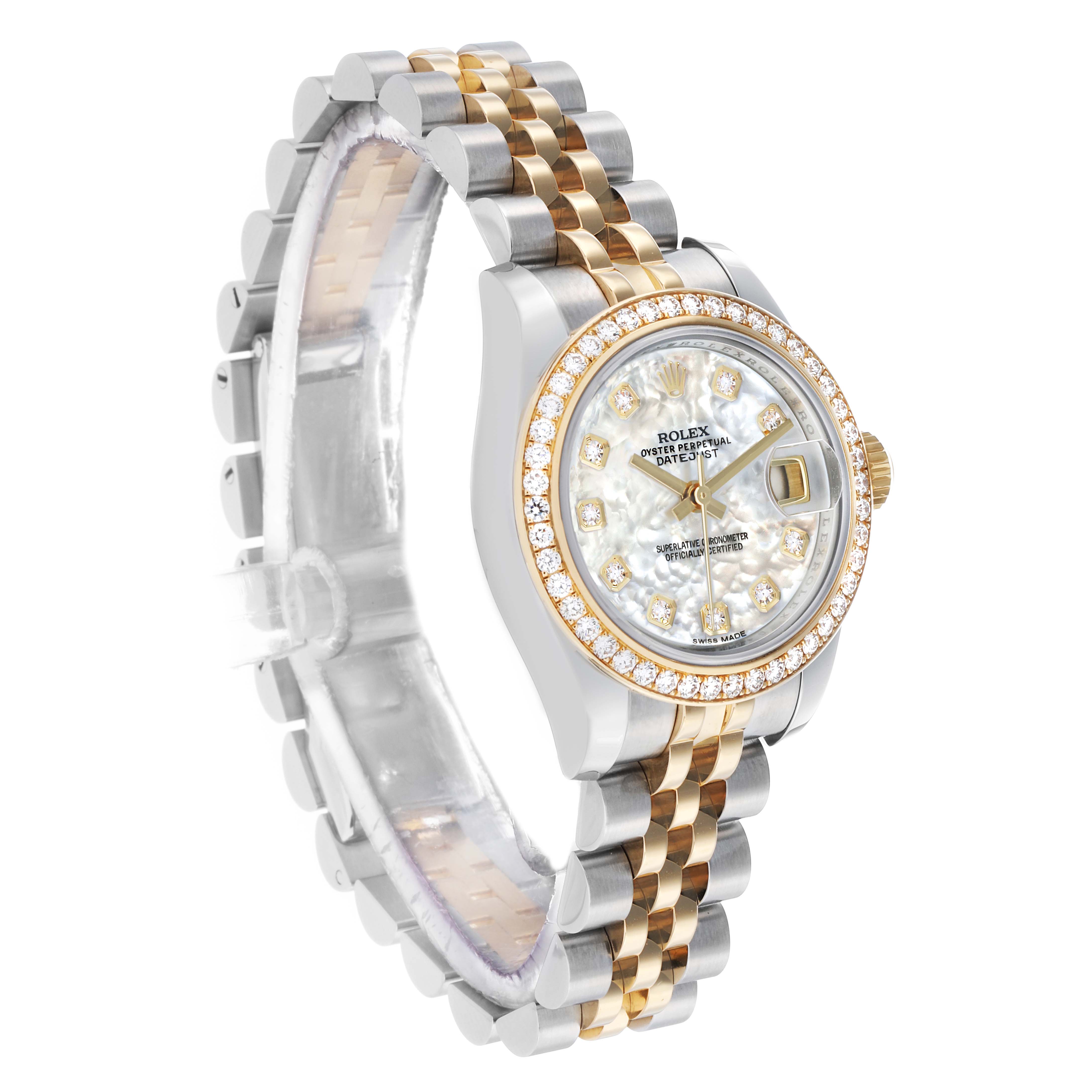 The Rolex Datejust 179383 Women's Steel and Gold (two tone) Mother of Pearl Dial watch is shown at an angled view, highlighting its diamond-set bezel, bracelet, and dial details.