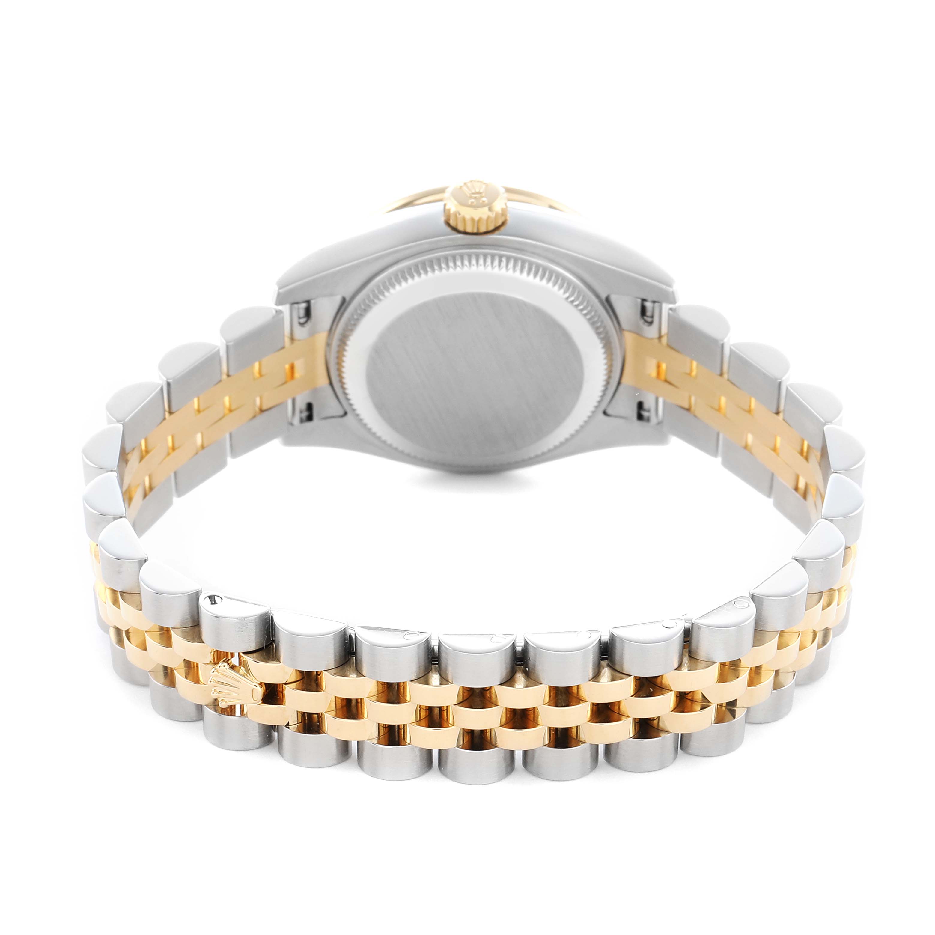 The image shows the back of a Rolex Datejust 179383 Women's Steel and Gold (two tone) Mother of Pearl Dial, highlighting its two-tone bracelet and the case back.