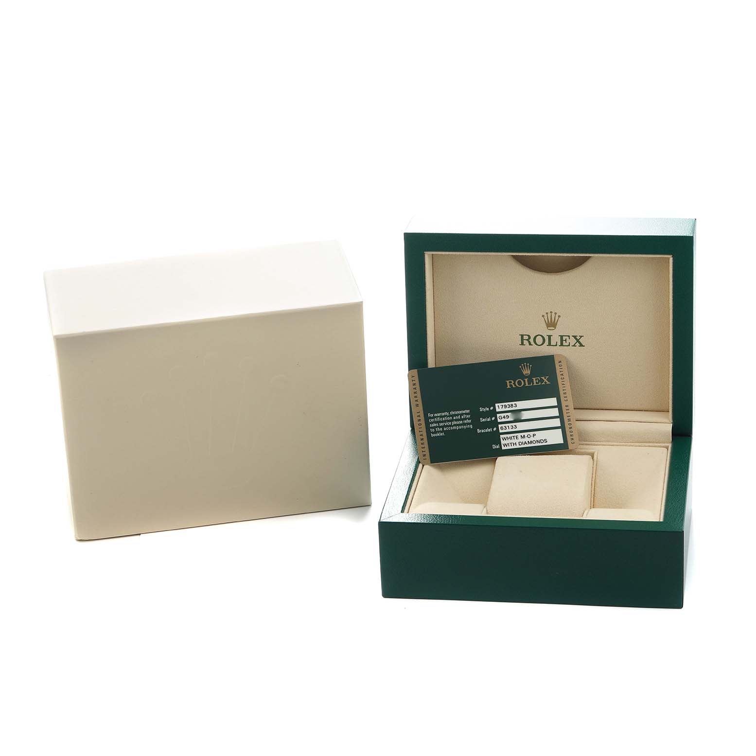 The image shows the Rolex Datejust 179383 Women's Steel and Gold (two tone) Mother of Pearl Dial packaging, including the watch box and a certification card.