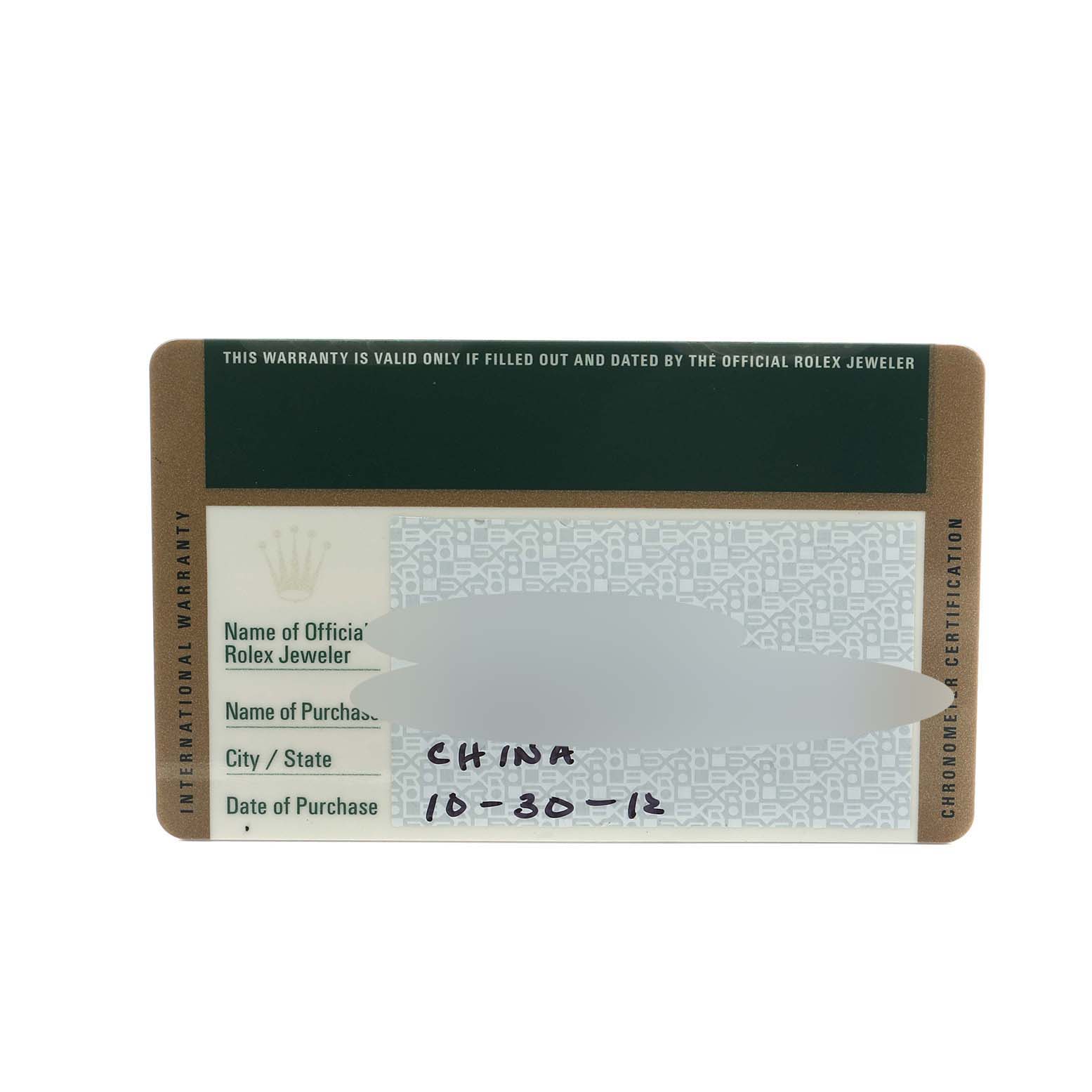 The image shows a flat, full view of the Rolex Datejust 179383 Women's Steel and Gold (two tone) Mother of Pearl Dial warranty card with purchase details.