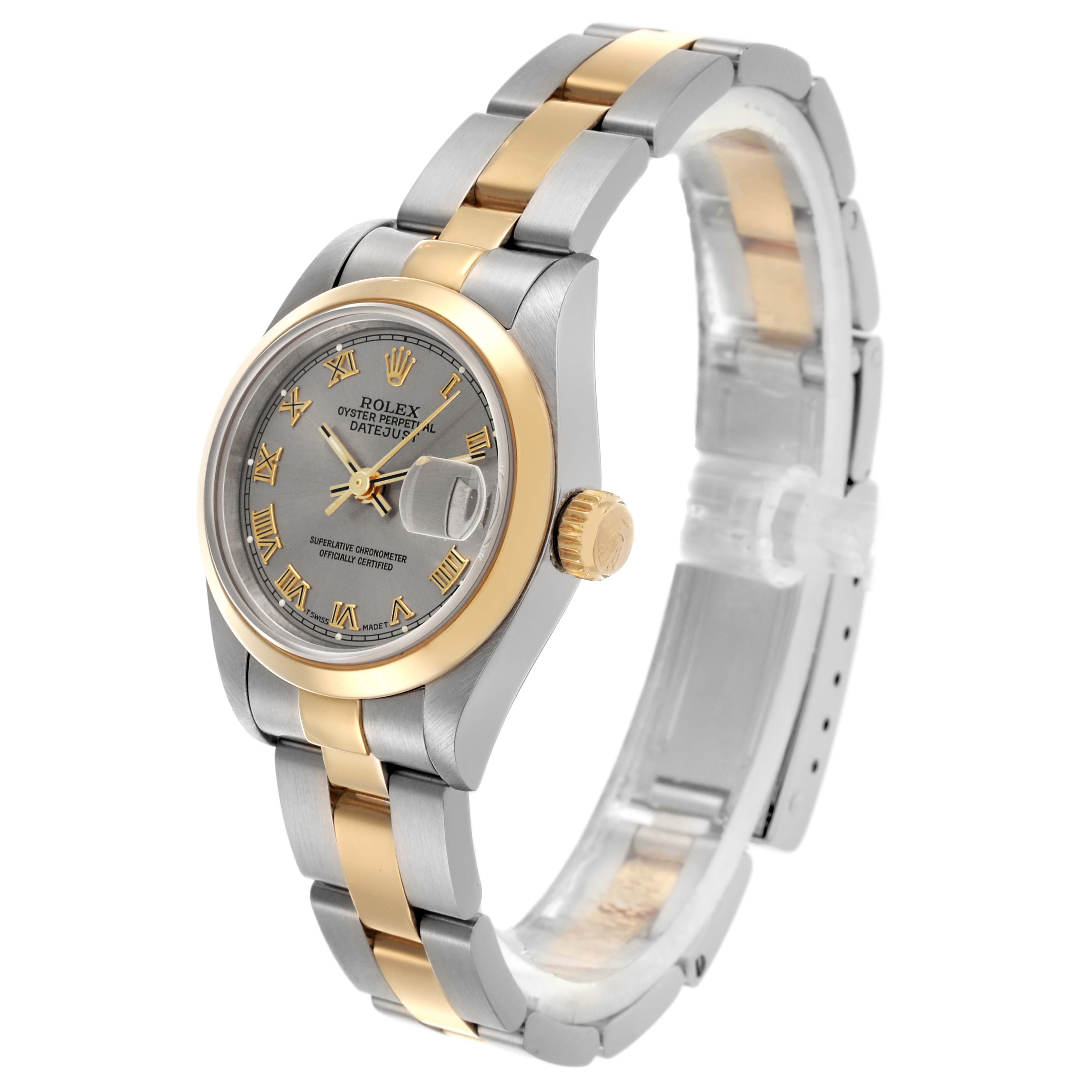The Rolex Datejust 69163 Women's Steel and Gold (two tone) Grey Dial 69163 Women's Steel and Gold (two tone) Grey Dial watch is shown at a three-quarter angle, displaying the face, bezel, case, crown, and bracelet.