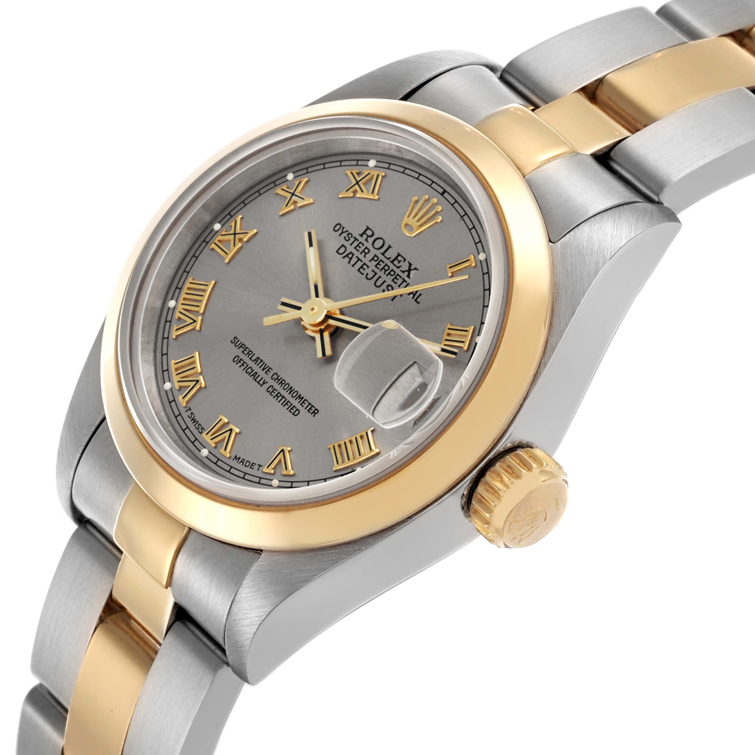 The Rolex Datejust 69163 Women's Steel and Gold (two tone) Grey Dial 69163 Women's Steel and Gold (two tone) Grey Dial is shown from an angled top view, displaying the dial, bezel, crown, and part of the bracelet.