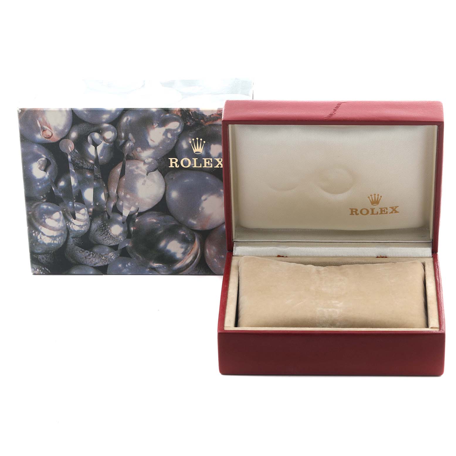 The image shows an open Rolex Datejust 69163 Women's Steel and Gold (two tone) Grey Dial 69163 Women's Steel and Gold (two tone) Grey Dial watch box, with the branded cushion and outer packaging visible.