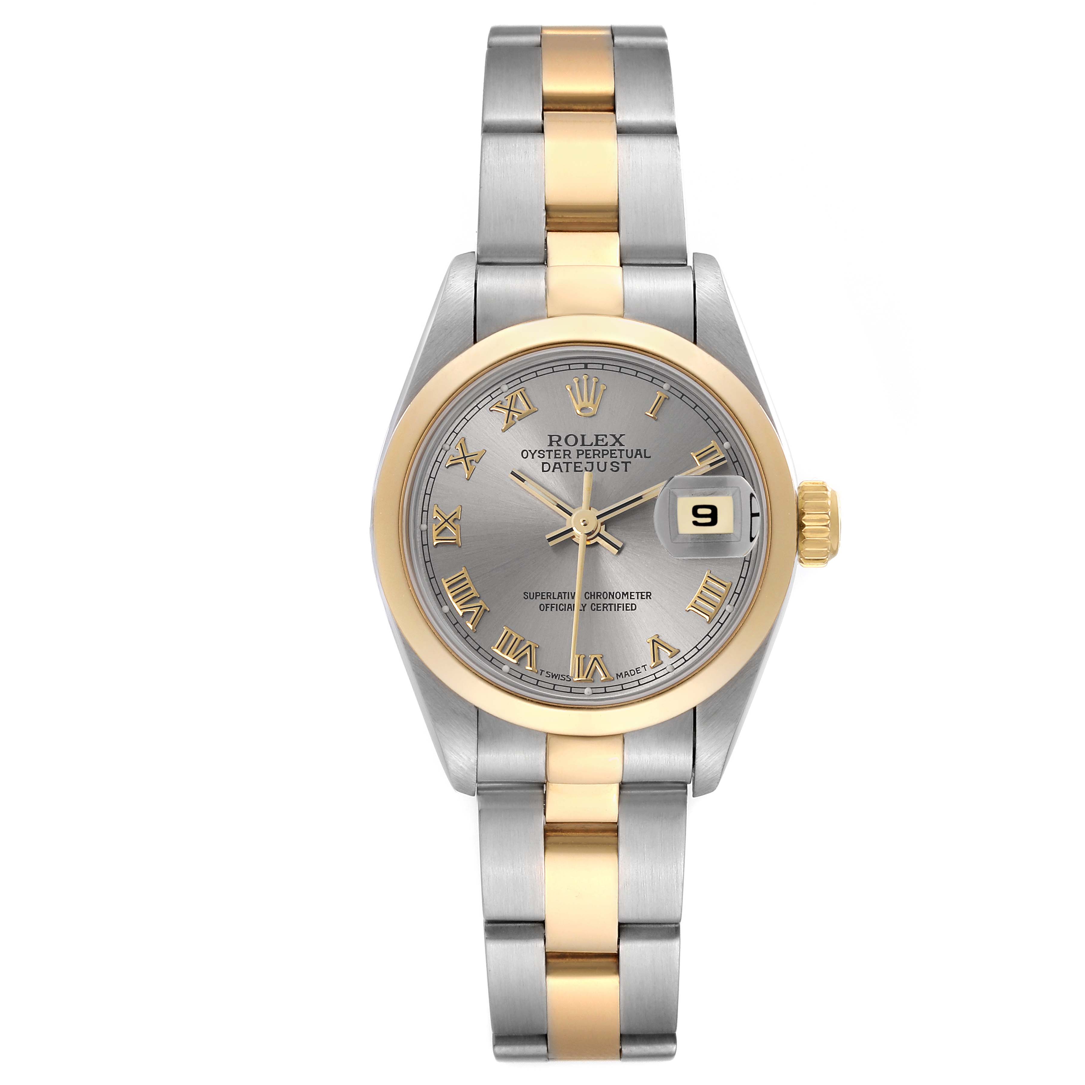 The Rolex Datejust 69163 Women's Steel and Gold (two tone) Grey Dial 69163 Women's Steel and Gold (two tone) Grey Dial watch is shown from a front angle, featuring its dial, bezel, bracelet, and date window.
