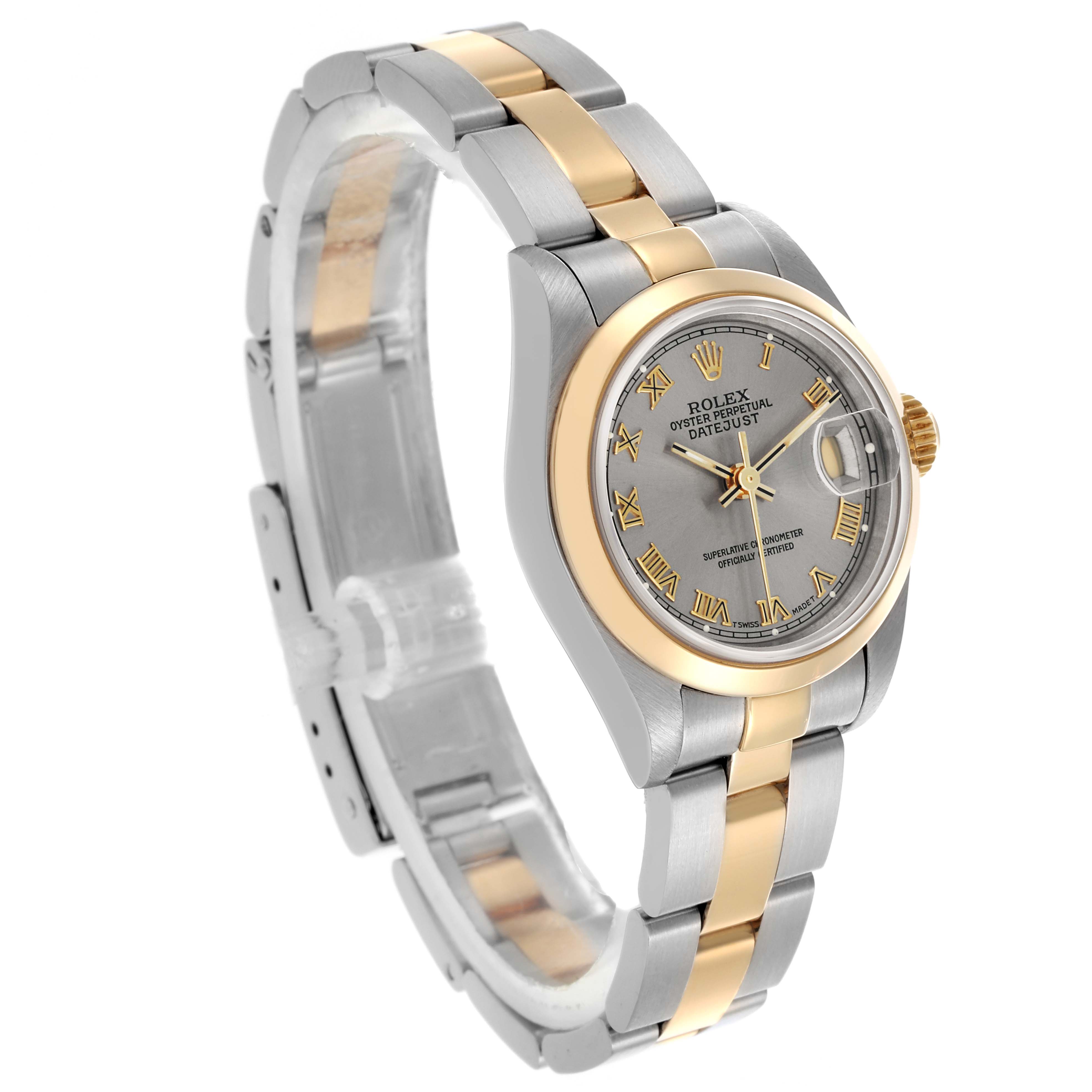 The Rolex Datejust 69163 Women's Steel and Gold (two tone) Grey Dial 69163 Women's Steel and Gold (two tone) Grey Dial watch is shown at a three-quarter angle, highlighting the dial, bezel, case, and bracelet.