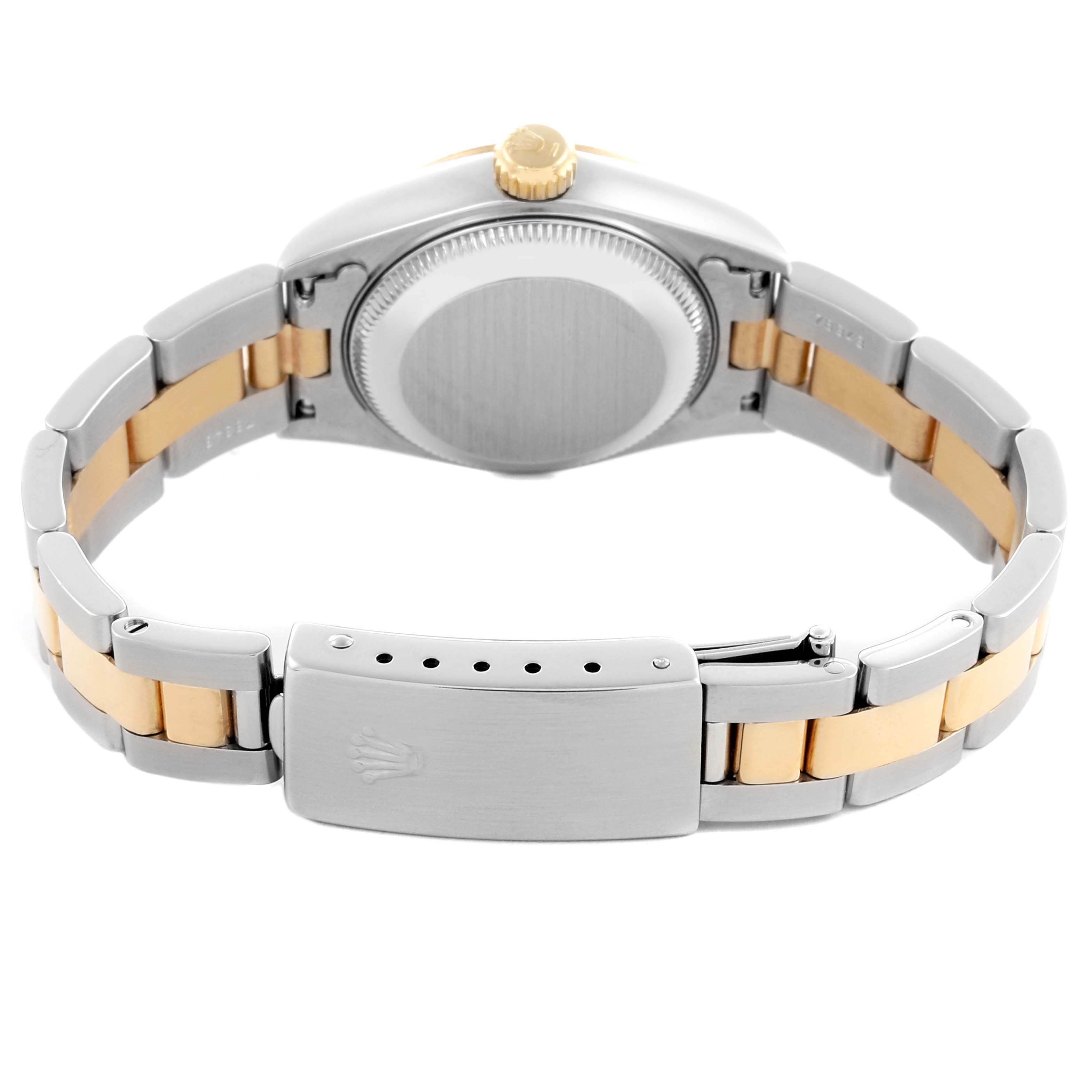 The image shows the back view of a Rolex Datejust 69163 Women's Steel and Gold (two tone) Grey Dial 69163 Women's Steel and Gold (two tone) Grey Dial watch, highlighting the clasp, bracelet, case, and crown from a rear angle.