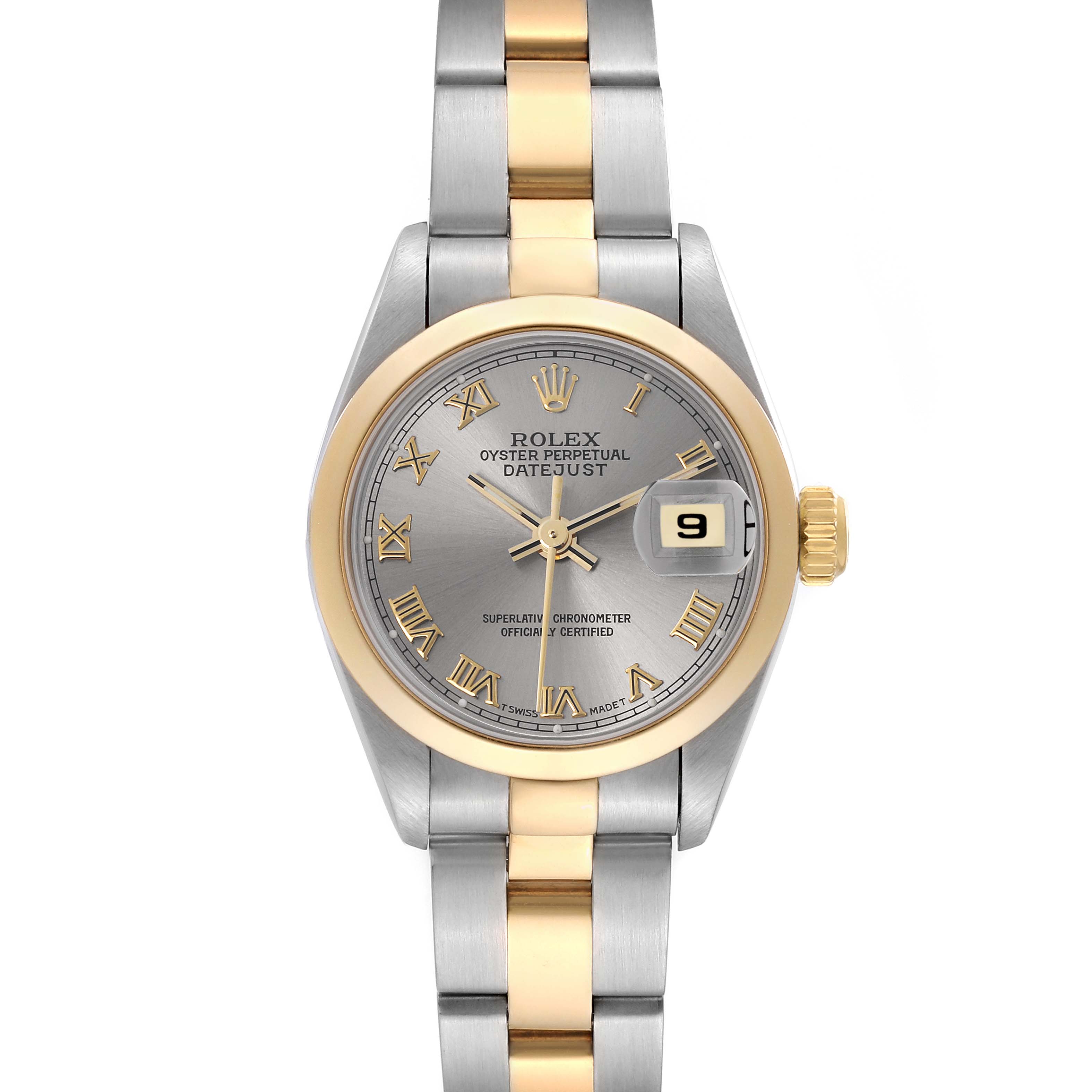 The image shows a Rolex Datejust 69163 Women's Steel and Gold (two tone) Grey Dial 69163 Women's Steel and Gold (two tone) Grey Dial watch from the front, highlighting the dial, bezel, and bracelet.
