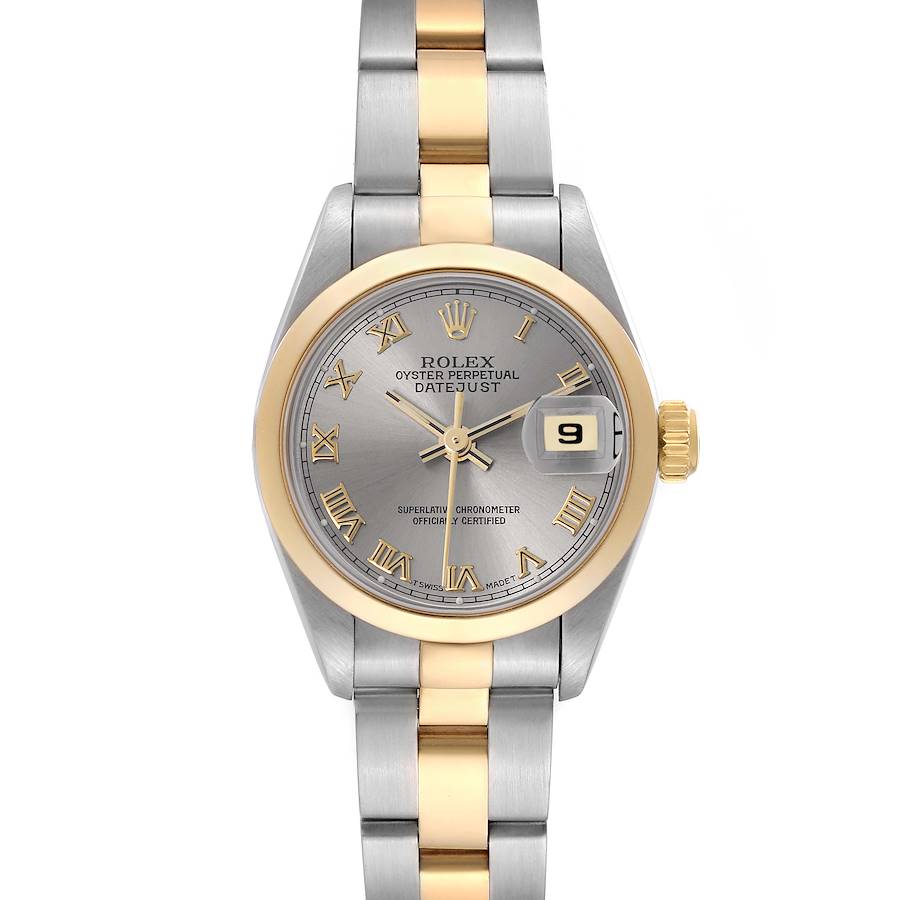 The image shows a Rolex Datejust watch from the front, highlighting the dial, bezel, and bracelet.