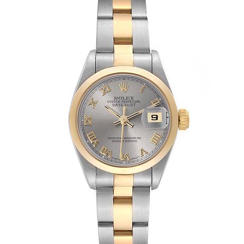 The Rolex Datejust watch is shown from the front, displaying the dial, bezel, hands, and a portion of the bracelet.