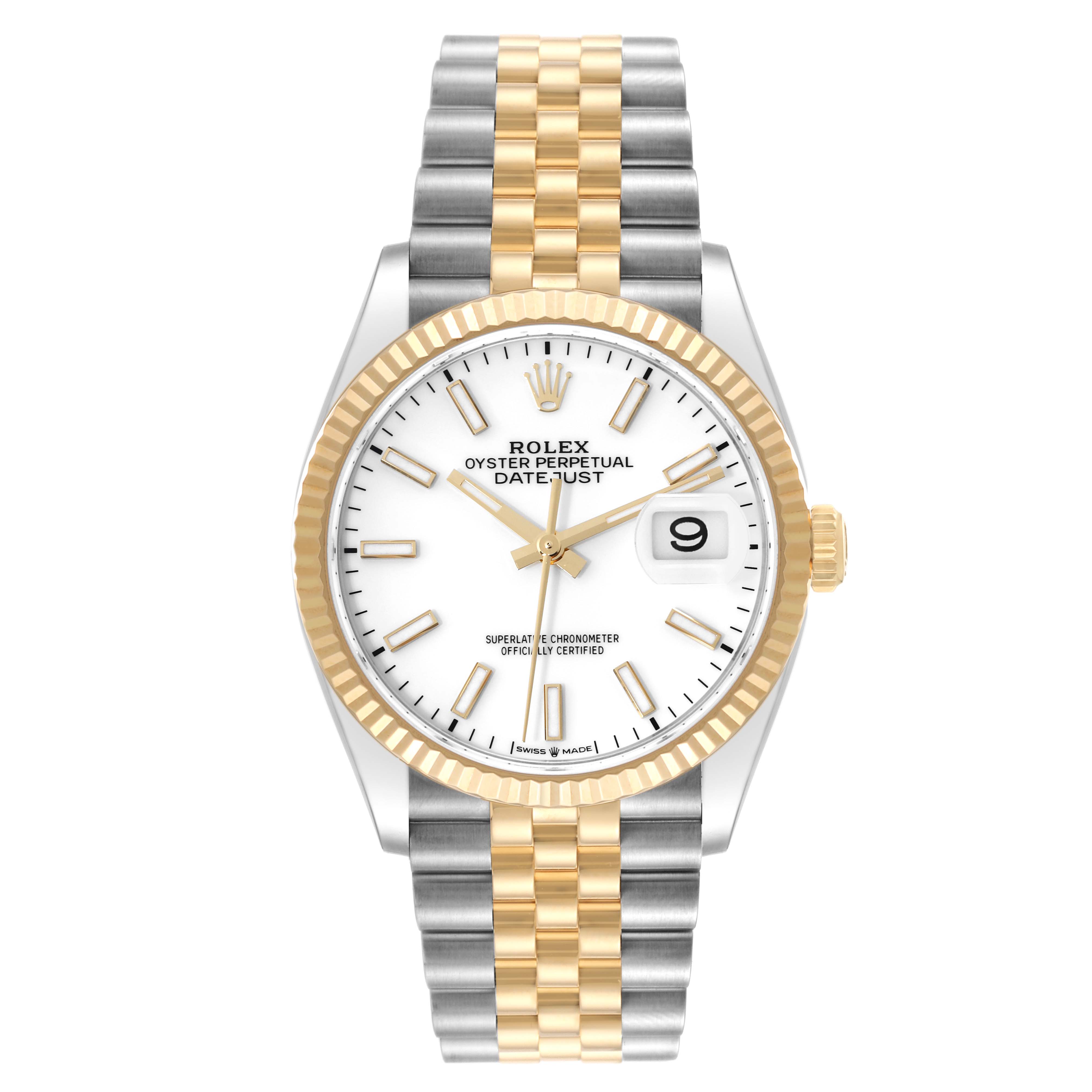 The Rolex Datejust 126233 Men's Steel and Gold (two tone) White Dial 126233 Men's Steel and Gold (two tone) White Dial watch is shown from the front, displaying its white dial, gold fluted bezel, and two-tone bracelet.