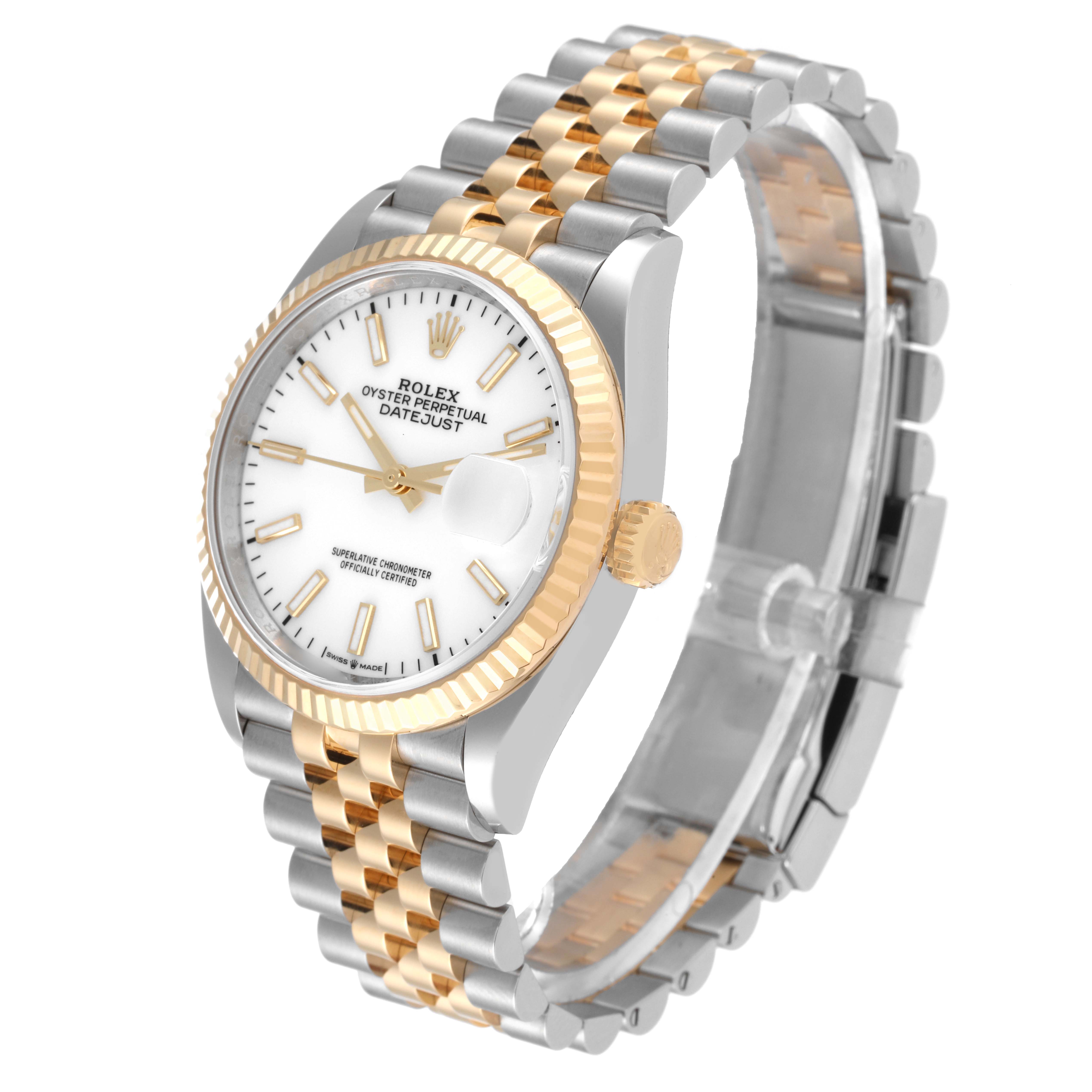This Datejust Rolex watch is shown from a three-quarter angle, highlighting its two-tone bracelet, white dial, and fluted bezel.