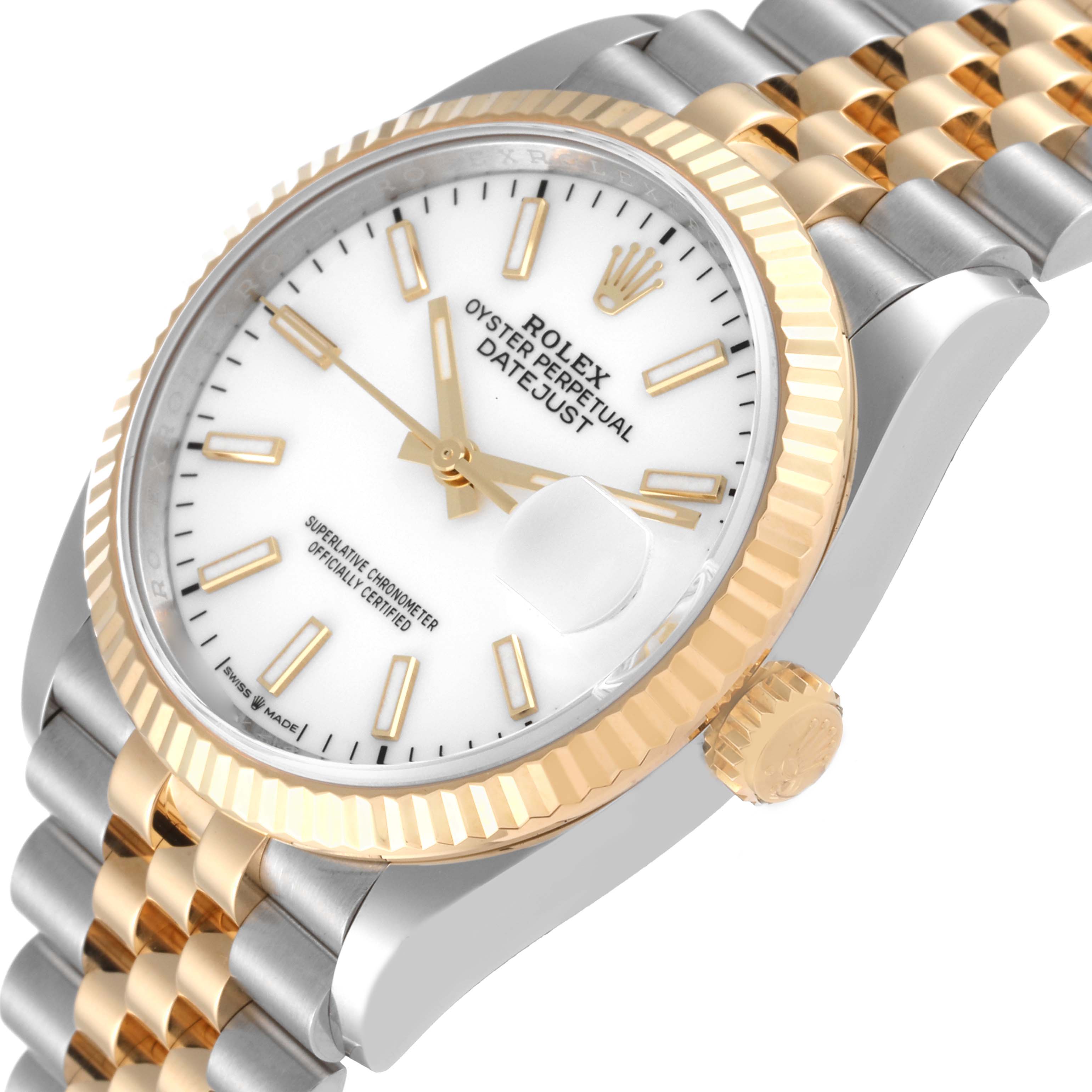 The image shows a Rolex Datejust 126233 Men's Steel and Gold (two tone) White Dial 126233 Men's Steel and Gold (two tone) White Dial watch at an angle highlighting the face, bezel, crown, and part of the two-tone bracelet.