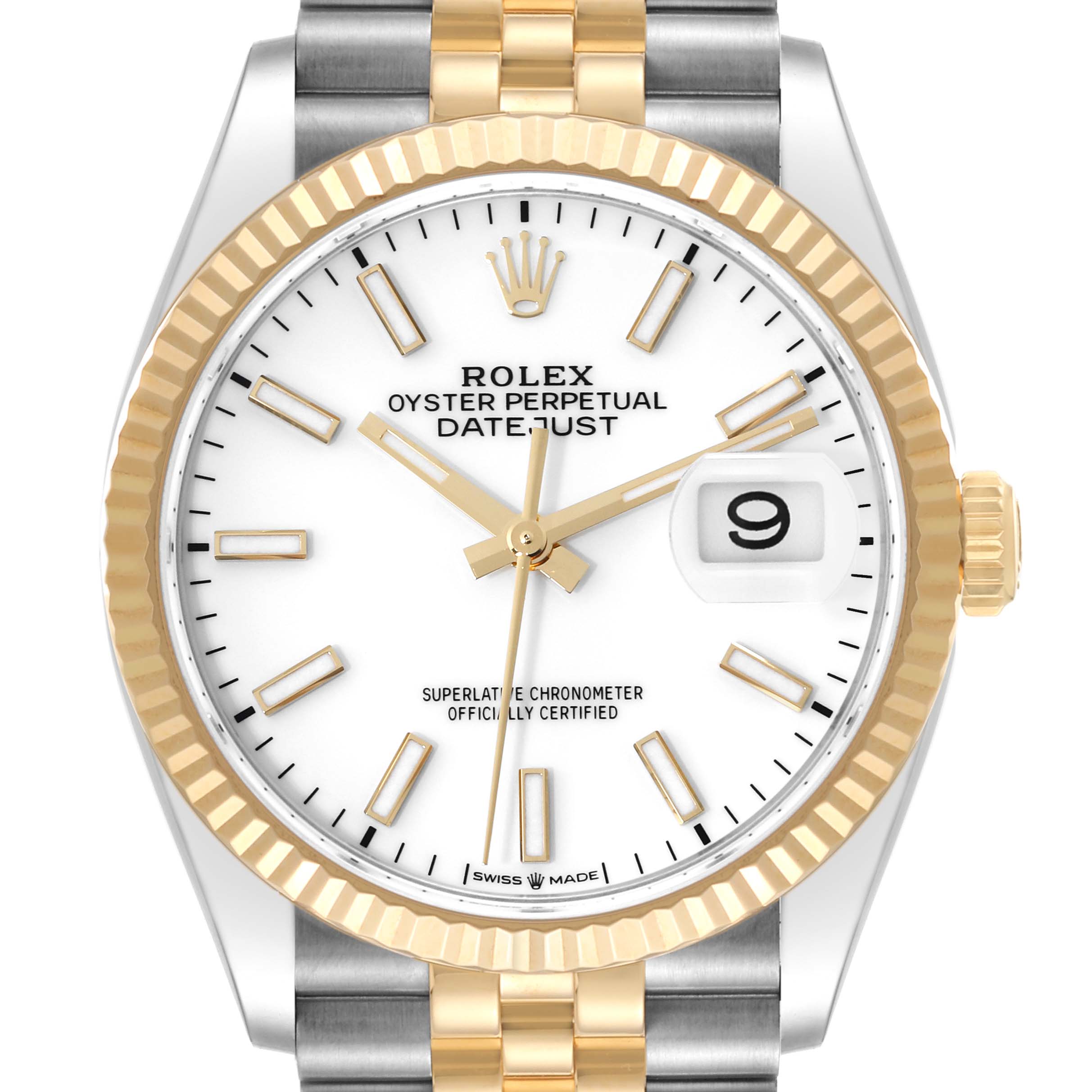 This image shows a close-up front view of a Rolex Datejust 126233 Men's Steel and Gold (two tone) White Dial 126233 Men's Steel and Gold (two tone) White Dial watch, highlighting the dial, bezel, and bracelet.