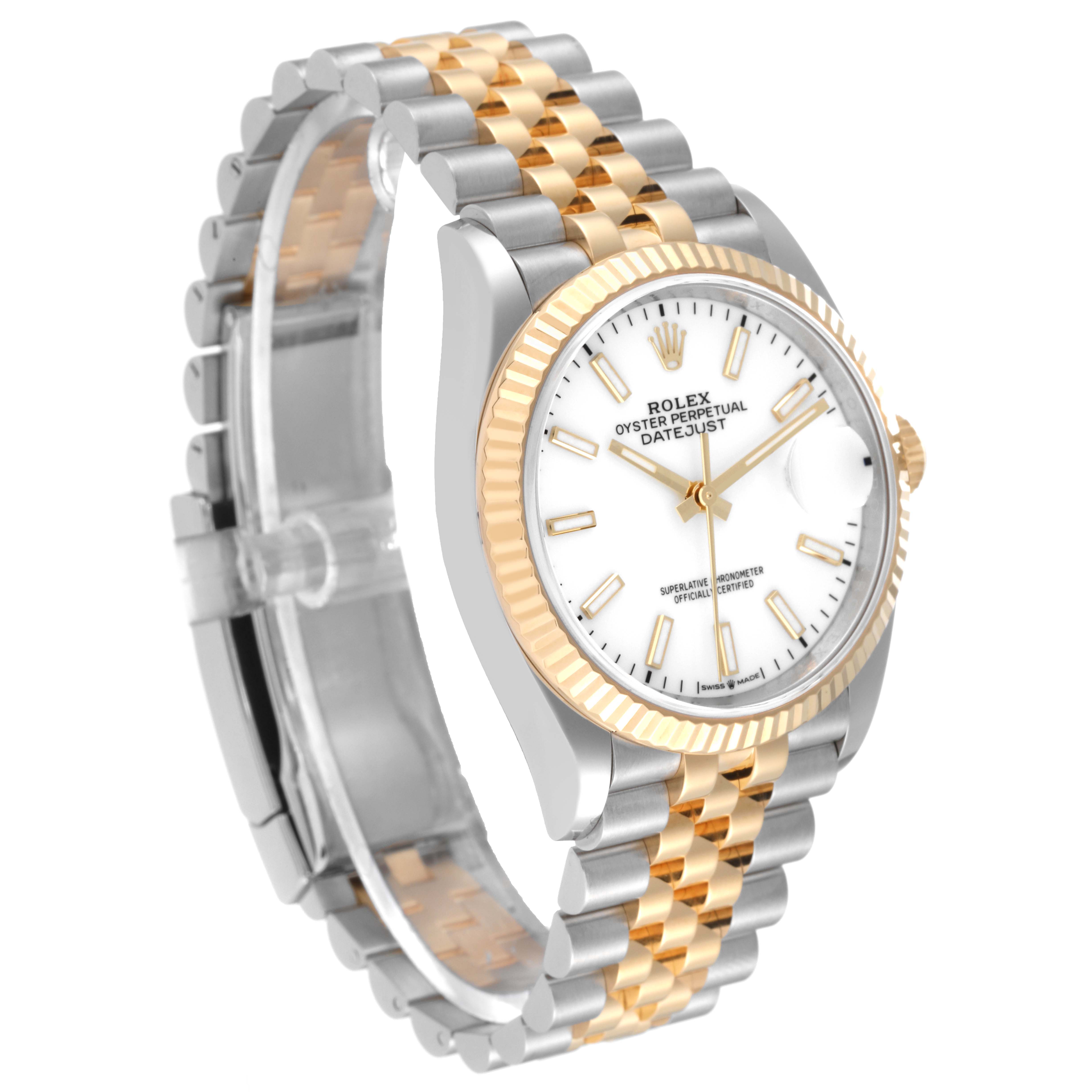 The Rolex Datejust 126233 Men's Steel and Gold (two tone) White Dial 126233 Men's Steel and Gold (two tone) White Dial watch is shown at an angled side view, highlighting the dial, bezel, and two-tone bracelet.