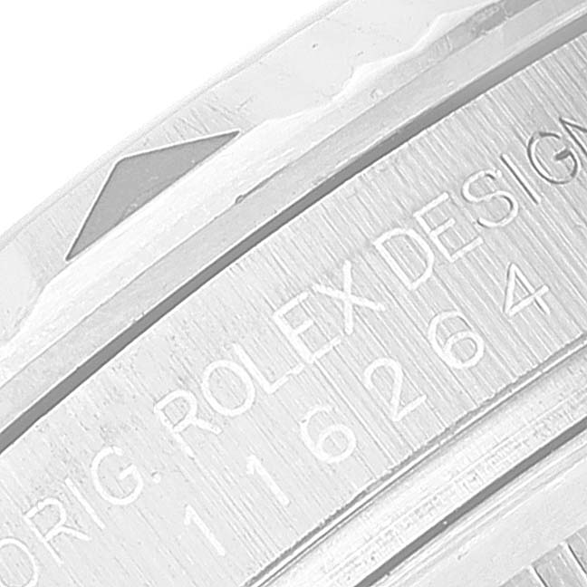 The image shows a close-up of the bezel and the engraved design number on a Rolex Turn-o-Graph 116264 Men's Stainless Steel Black Dial 116264 Men's Stainless Steel Black Dial watch.