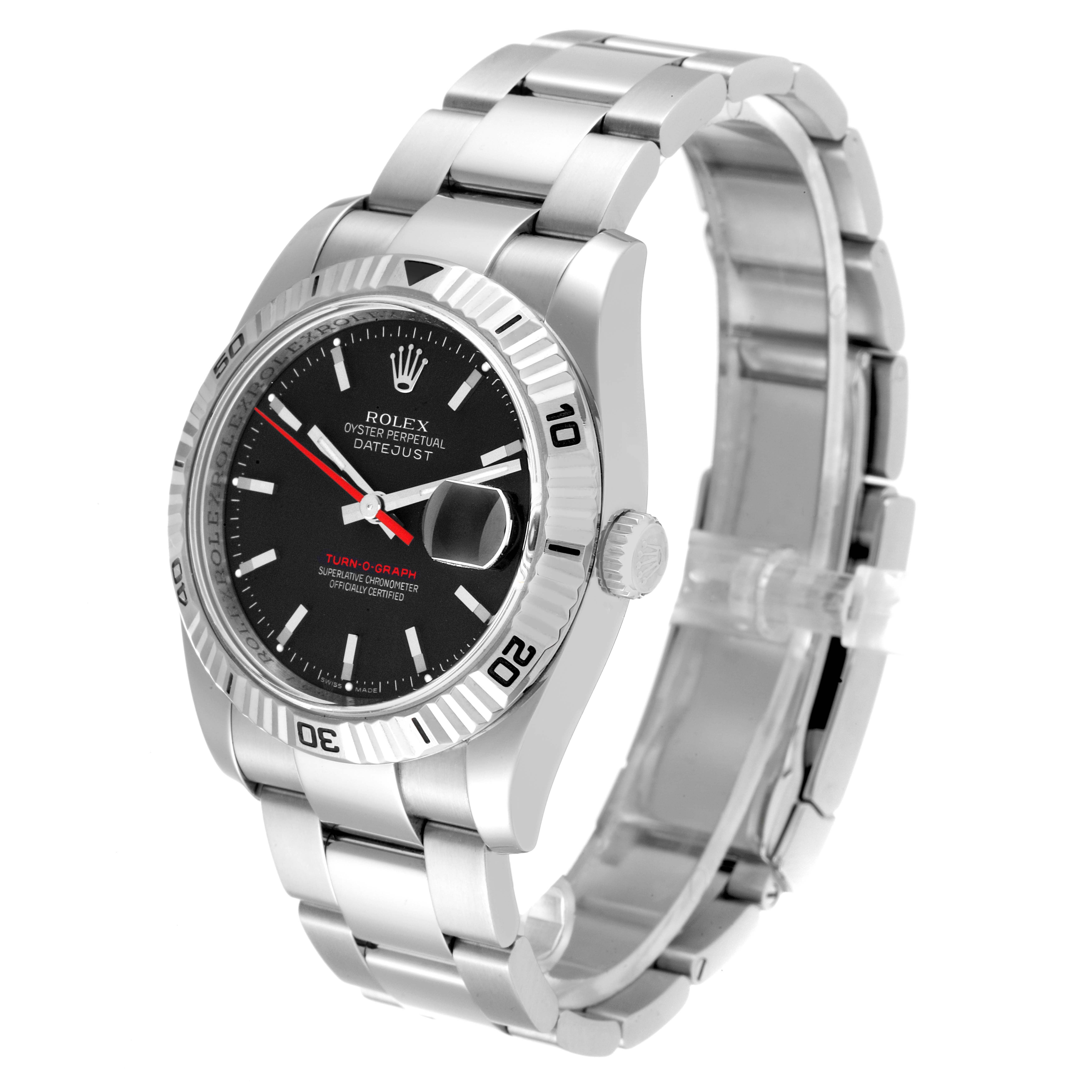 The image shows a Rolex Turn-o-Graph 116264 Men's Stainless Steel Black Dial 116264 Men's Stainless Steel Black Dial watch angled to display the dial, bezel, case, crown, and metal bracelet.