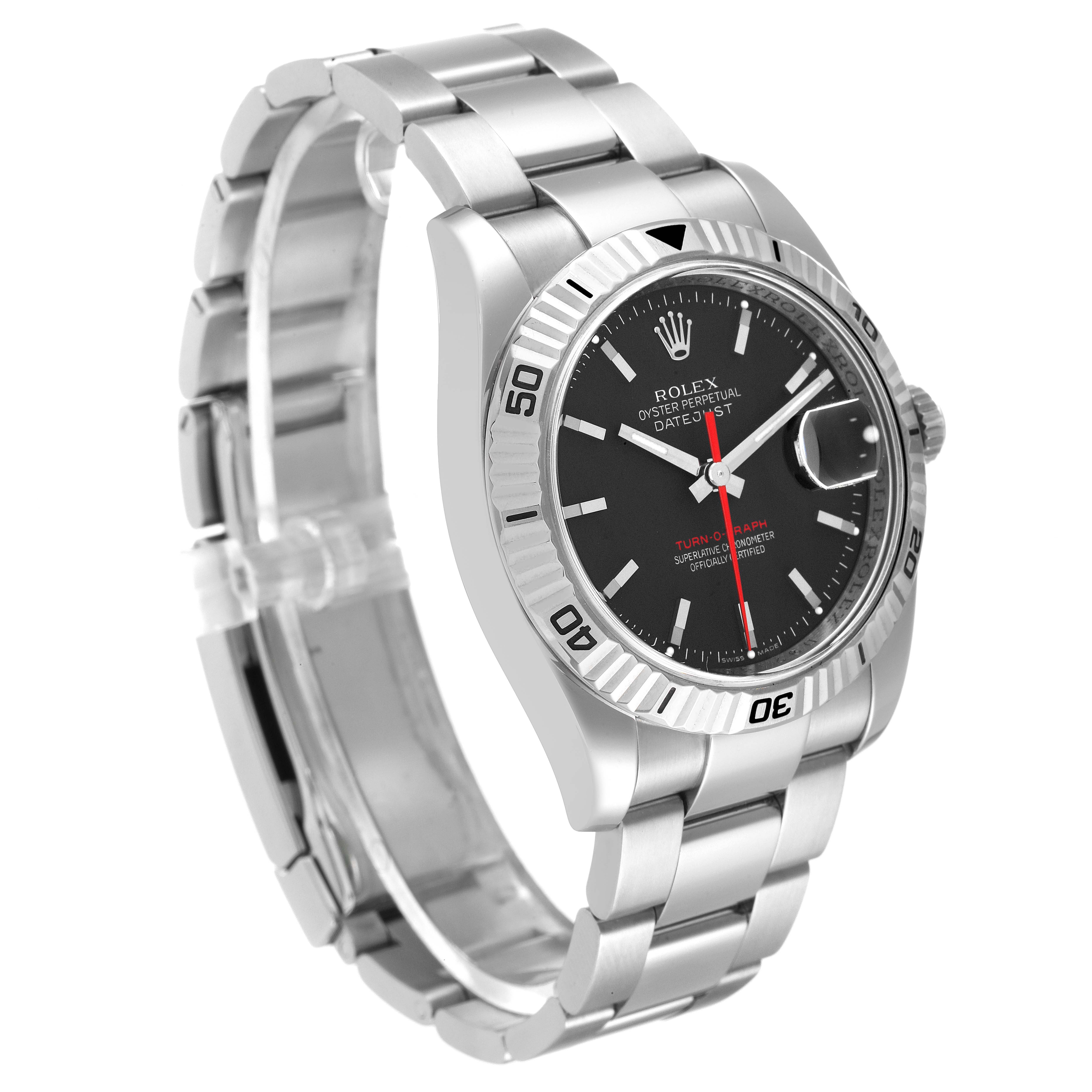 This image shows a Rolex Turn-o-Graph 116264 Men's Stainless Steel Black Dial 116264 Men's Stainless Steel Black Dial watch from a front-side angle, displaying the dial, bezel, and bracelet.