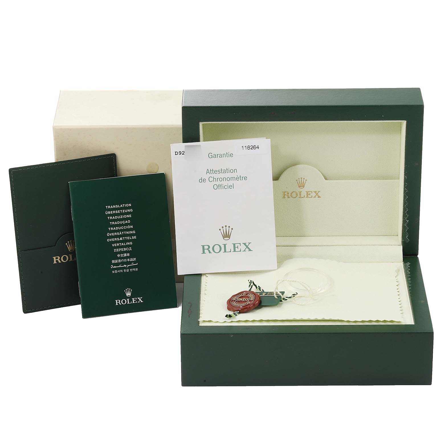 The image shows a Rolex Turn-o-Graph 116264 Men's Stainless Steel Black Dial 116264 Men's Stainless Steel Black Dial watch packaging with box, papers, and accessories at a front angle.