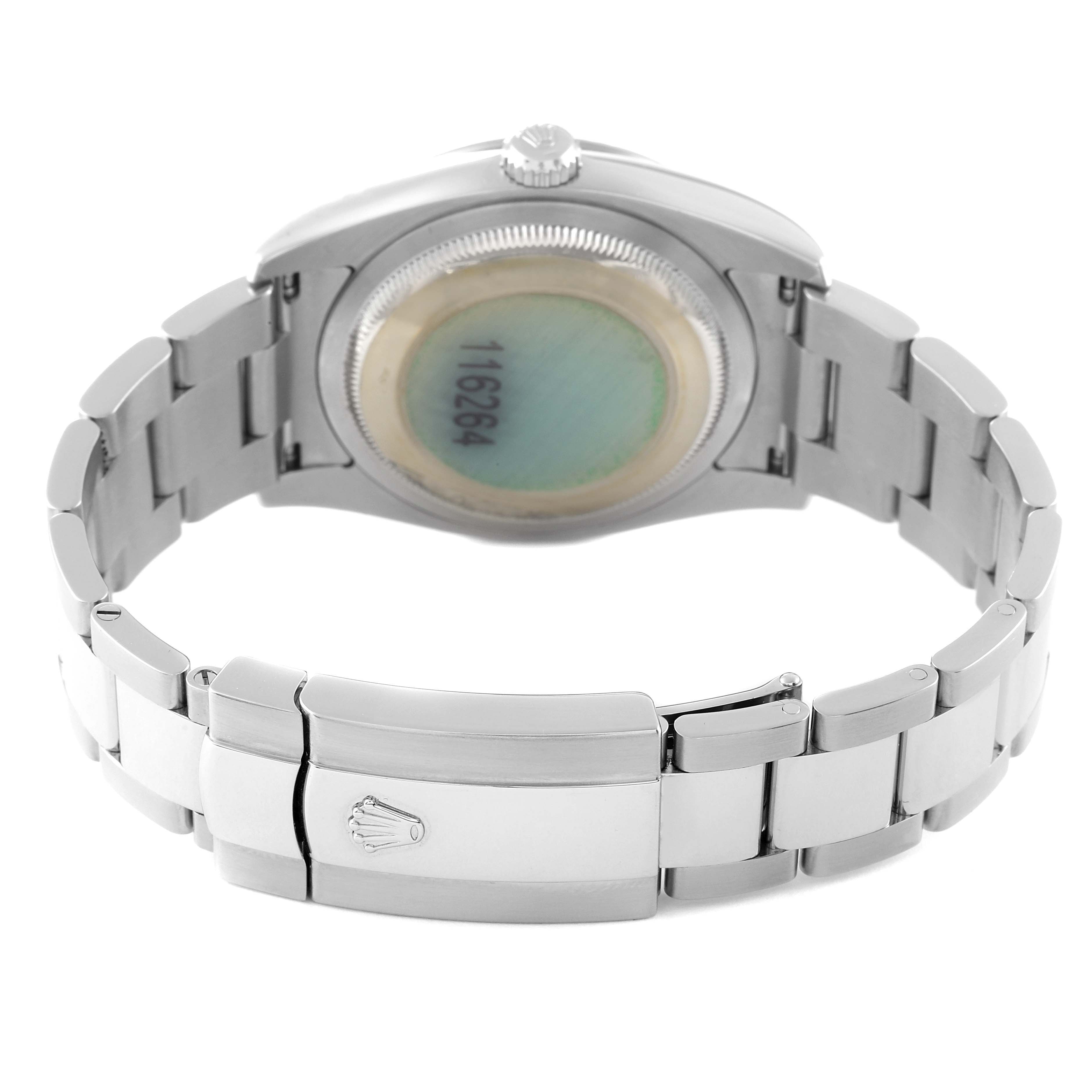 The image shows the back view of a Rolex Turn-o-Graph 116264 Men's Stainless Steel Black Dial 116264 Men's Stainless Steel Black Dial watch, highlighting its case back and bracelet with clasp.