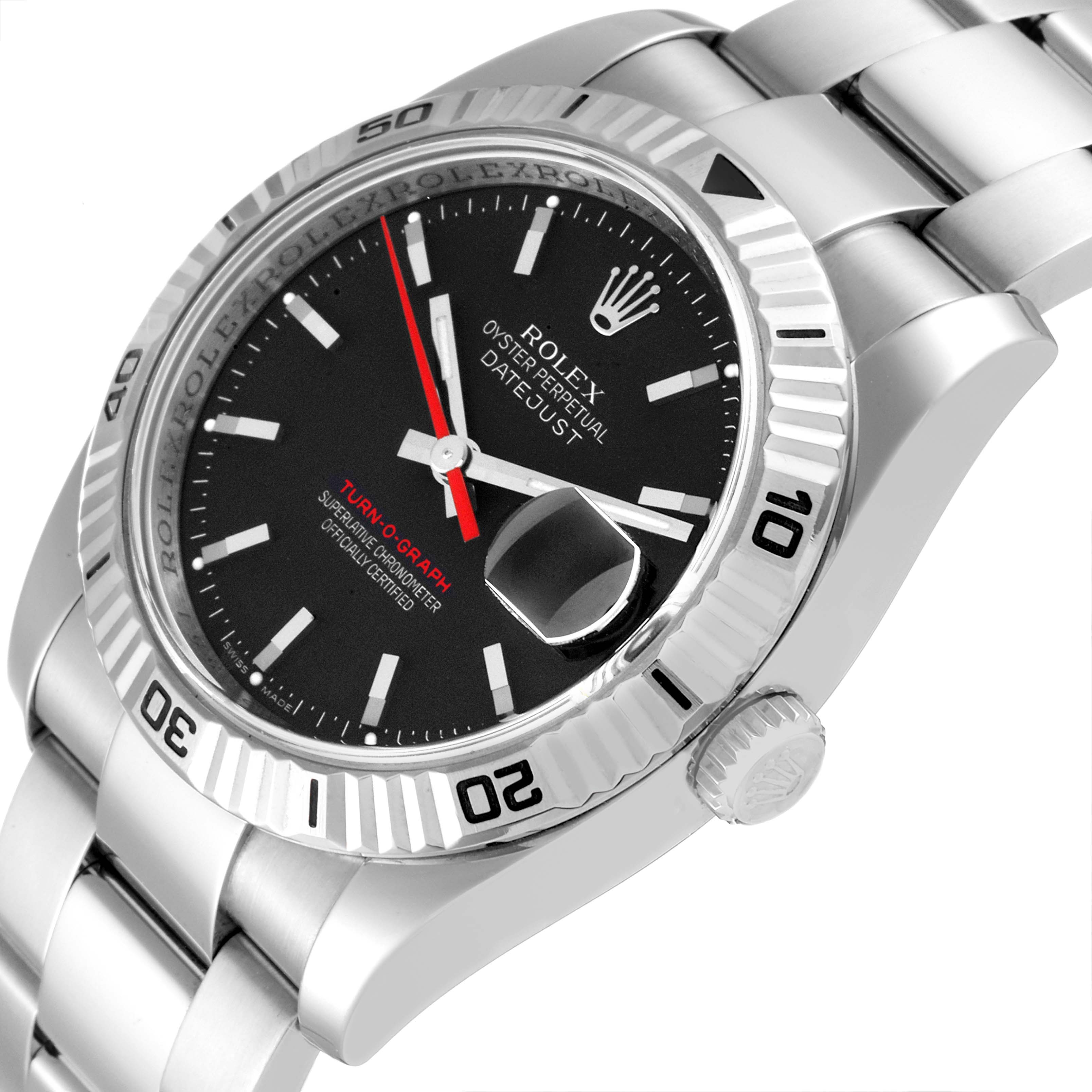 The image shows a Rolex Turn-o-Graph 116264 Men's Stainless Steel Black Dial 116264 Men's Stainless Steel Black Dial watch angled to display the dial, bezel, and part of the bracelet.