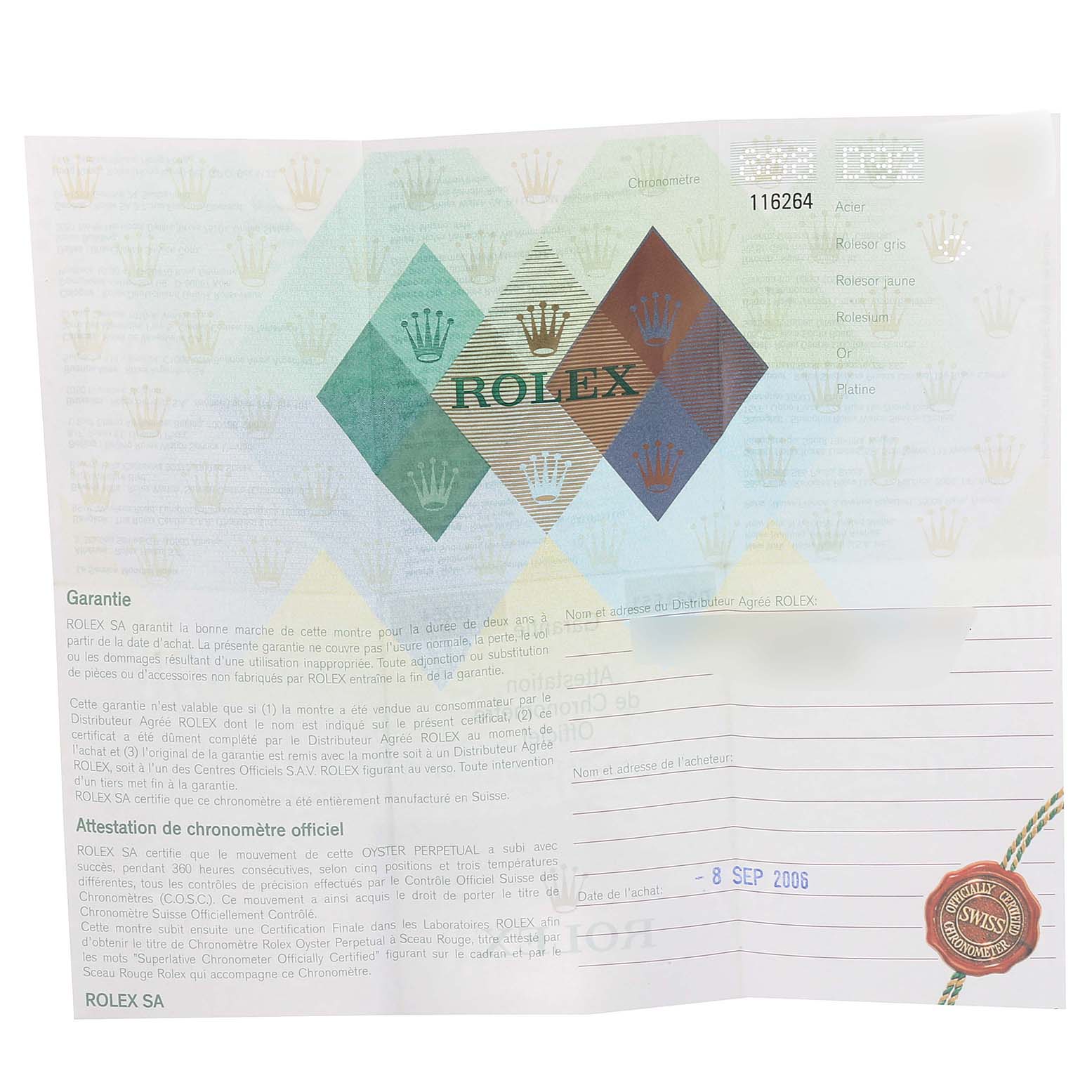 The image shows a warranty certificate for the Rolex Turn-o-Graph 116264 Men's Stainless Steel Black Dial 116264 Men's Stainless Steel Black Dial, featuring a logo and official seal.