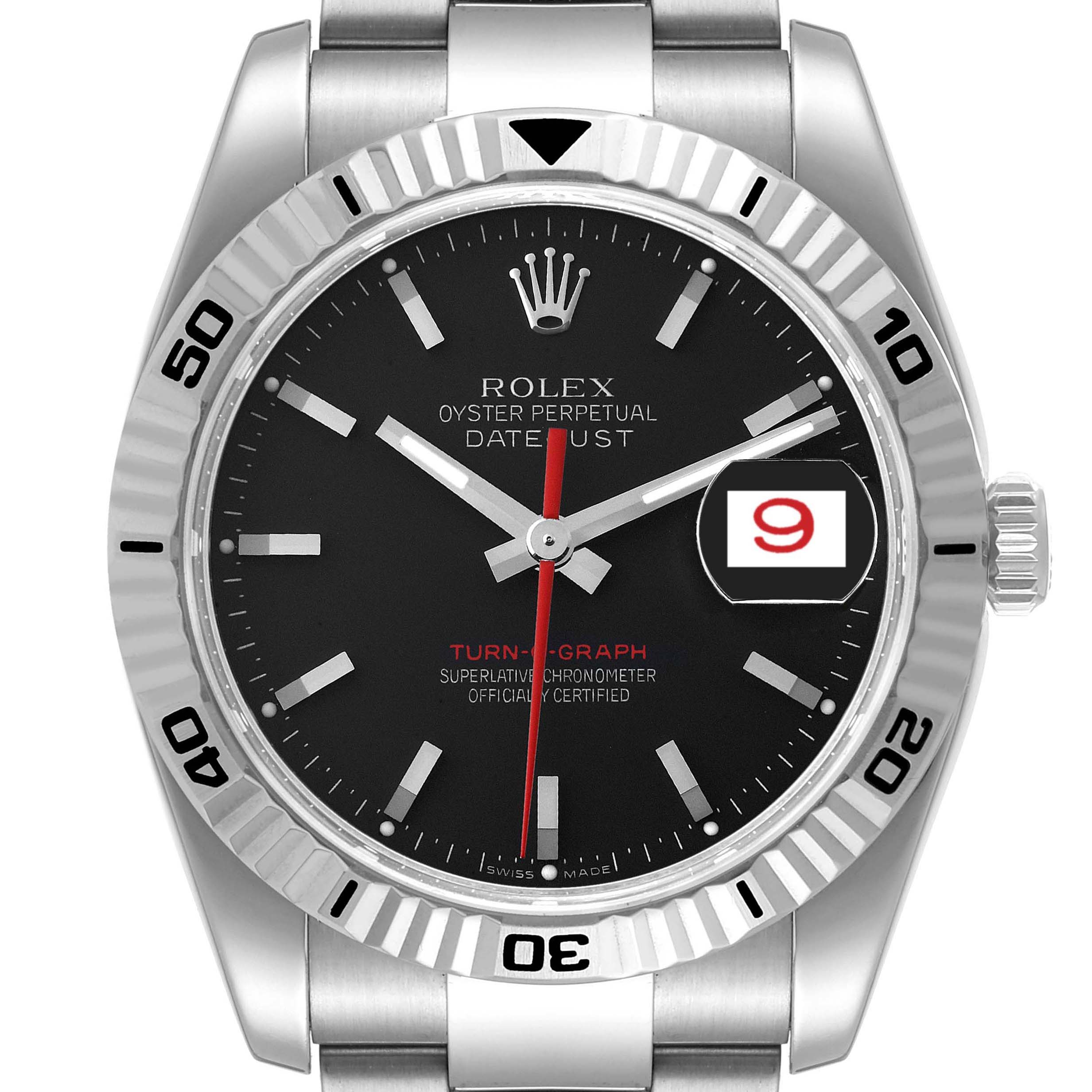 The image shows a front view of a Rolex Turn-o-Graph 116264 Men's Stainless Steel Black Dial 116264 Men's Stainless Steel Black Dial watch, highlighting its dial, hands, date window, and rotating bezel.