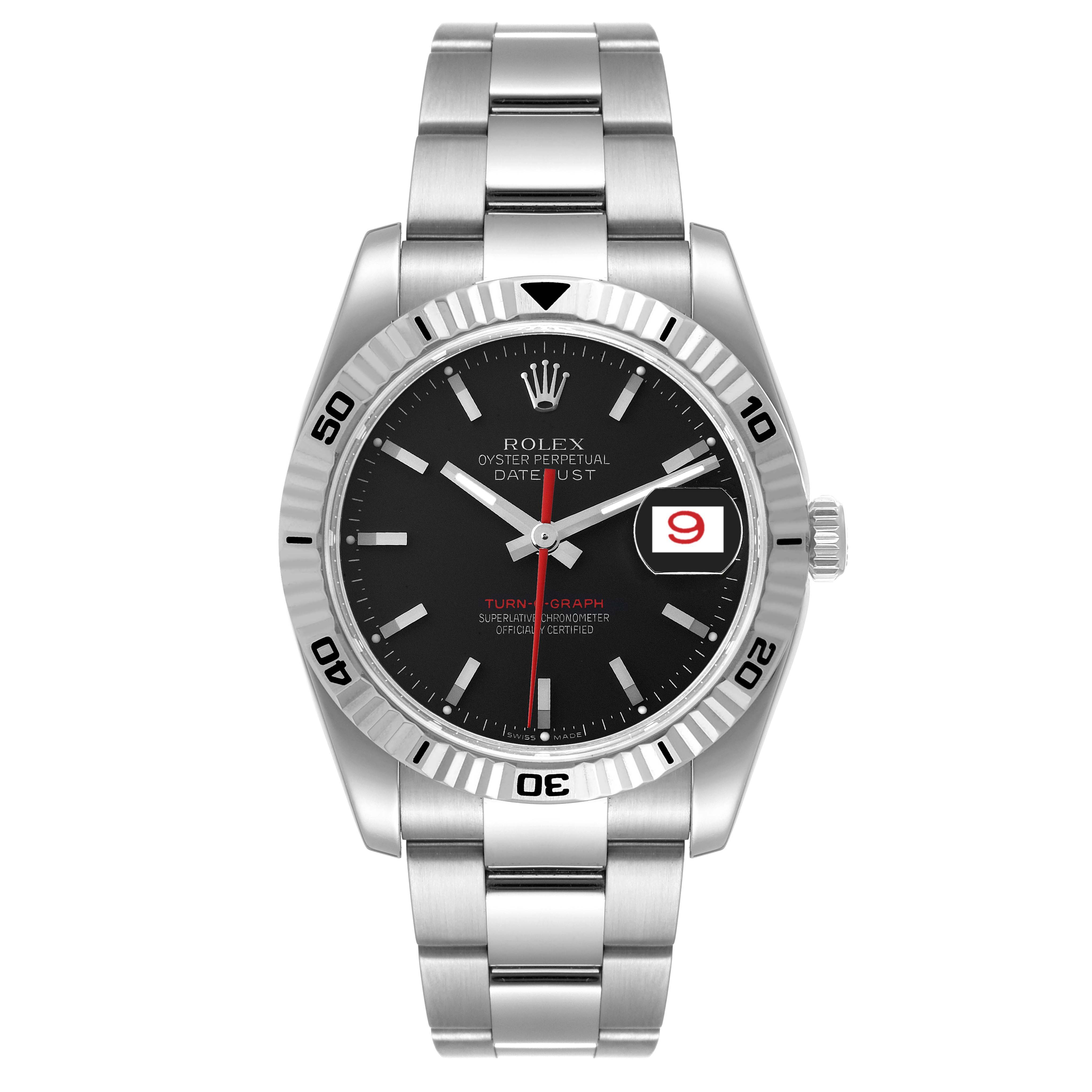 This image shows a front view of the Rolex Turn-o-Graph 116264 Men's Stainless Steel Black Dial 116264 Men's Stainless Steel Black Dial watch, highlighting its dial, bezel, and bracelet.