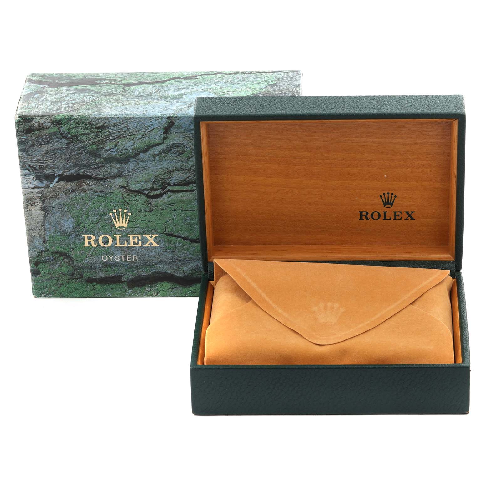 The image shows a Rolex Datejust 16233 Men
s Steel and Gold (two tone) White Dial 16233 Men
s Steel and Gold (two tone) White Dial watch box and protective pouch, with the box open and positioned front-facing.