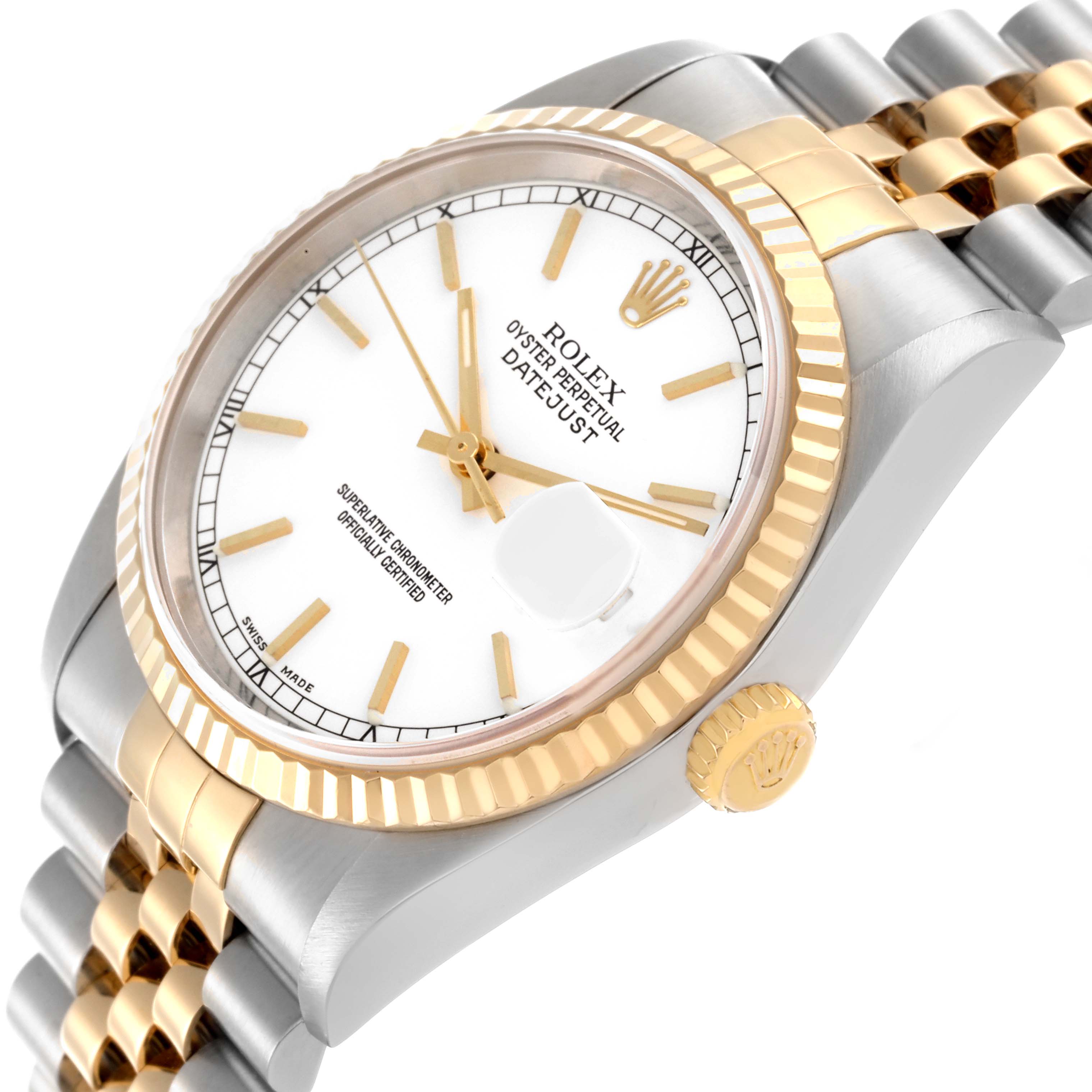 The Rolex Datejust 16233 Men
s Steel and Gold (two tone) White Dial 16233 Men
s Steel and Gold (two tone) White Dial watch is shown at an angle displaying the dial, fluted bezel, crown, and Jubilee bracelet.