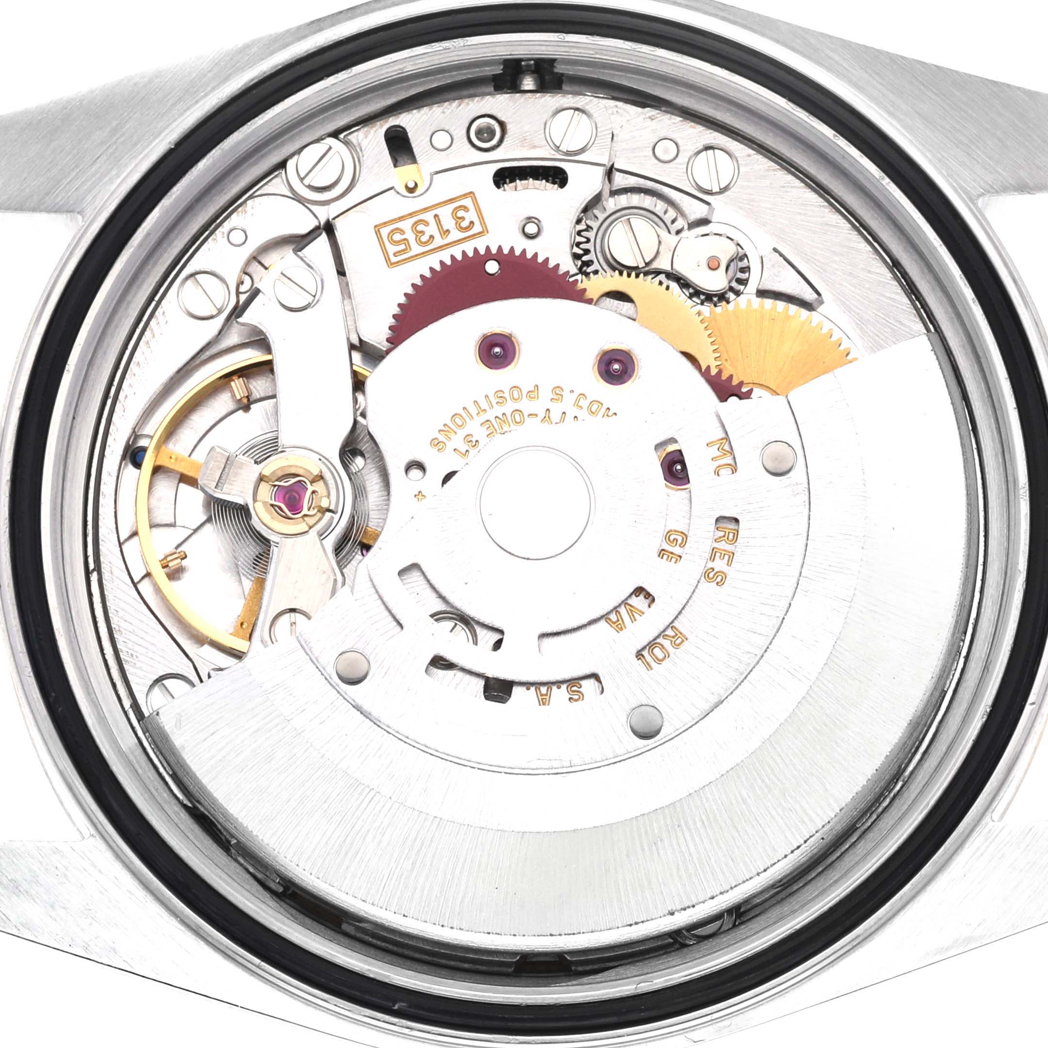 The image shows the back view of a Rolex Datejust 16233 Men
s Steel and Gold (two tone) White Dial 16233 Men
s Steel and Gold (two tone) White Dial watch, highlighting its internal mechanism and rotor.