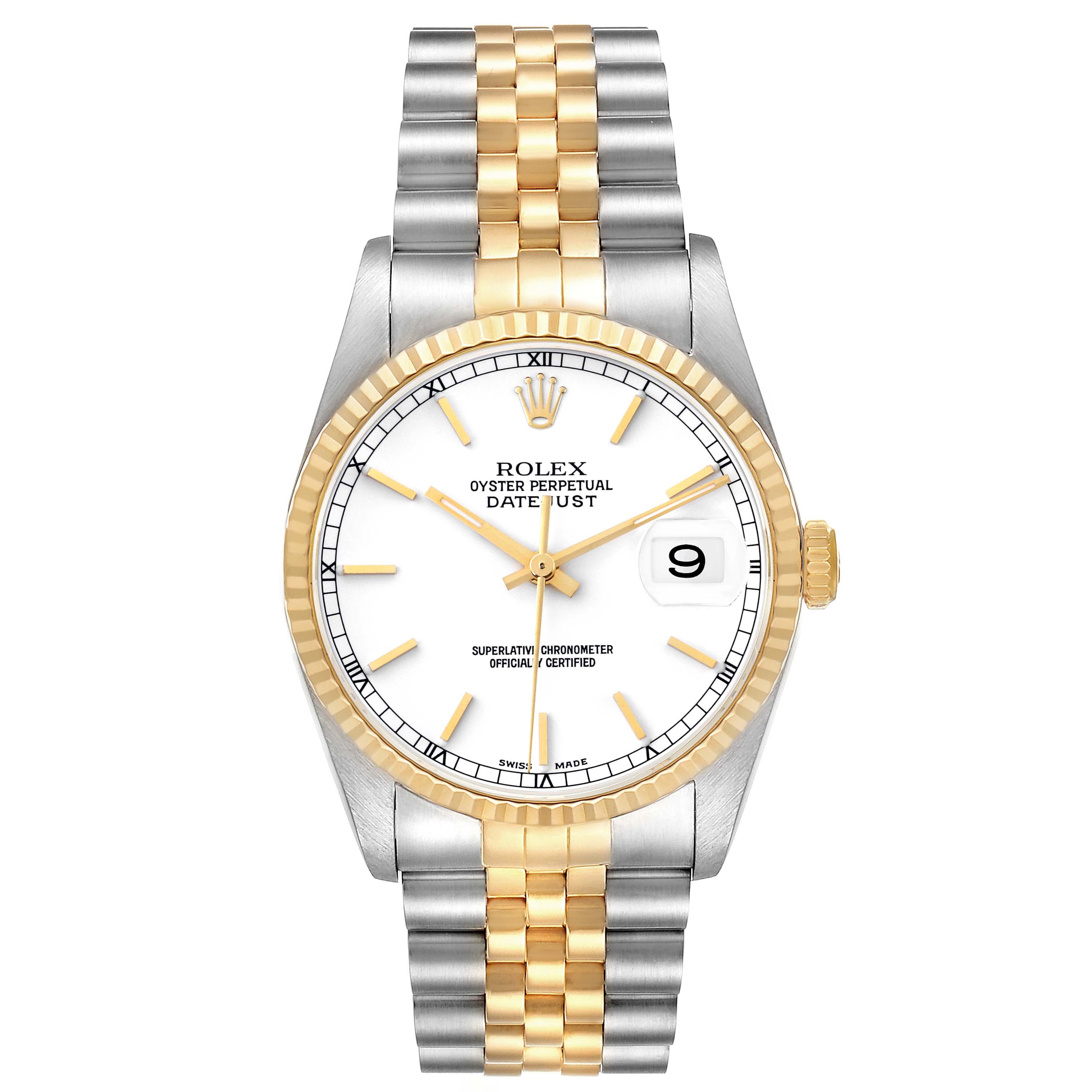 The Rolex Datejust 16233 Men
s Steel and Gold (two tone) White Dial 16233 Men
s Steel and Gold (two tone) White Dial watch is shown from a front angle, displaying the dial, bezel, and bracelet clearly.