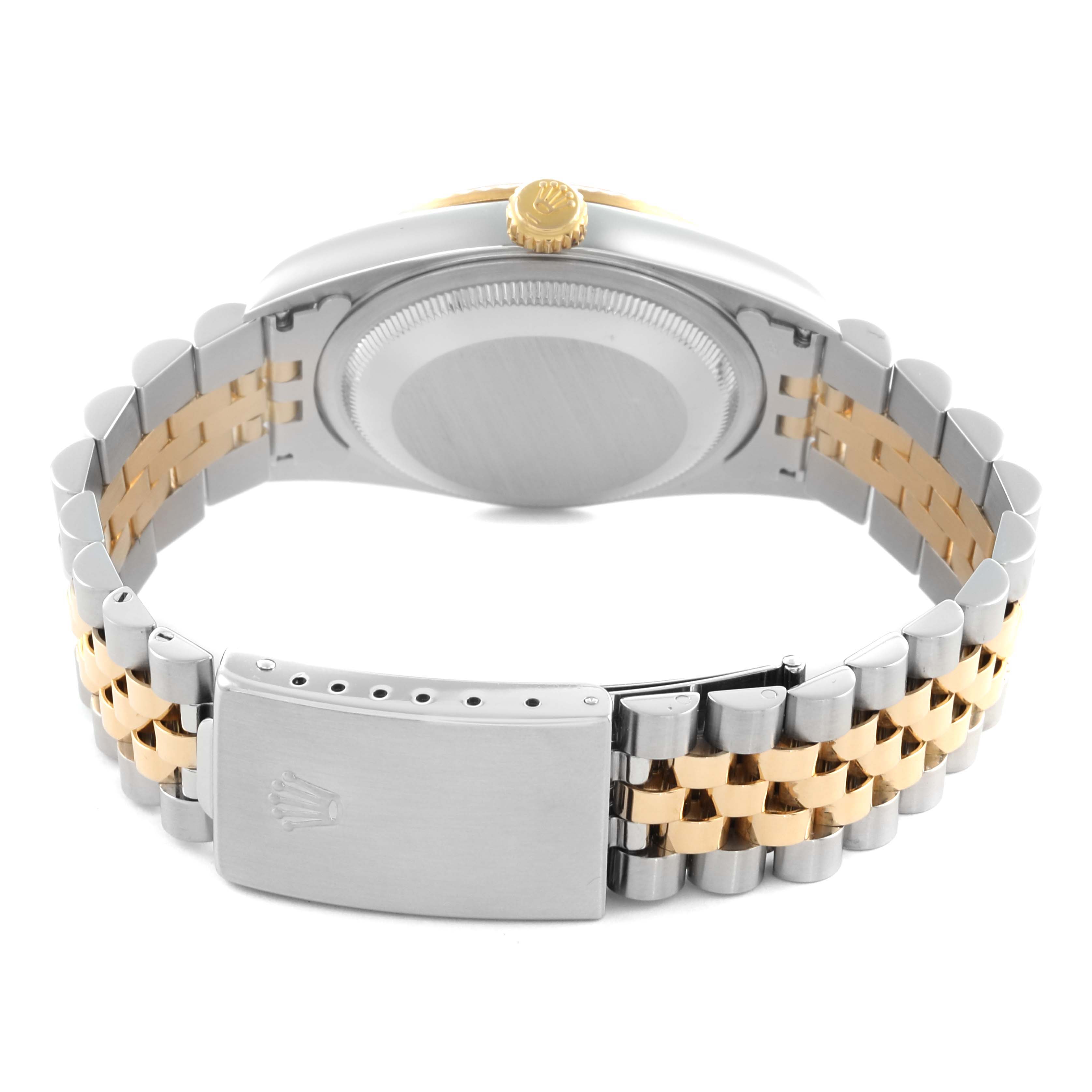 The image shows the back of a Rolex Datejust 16233 Men
s Steel and Gold (two tone) White Dial 16233 Men
s Steel and Gold (two tone) White Dial watch, highlighting the Jubilee bracelet and clasp.