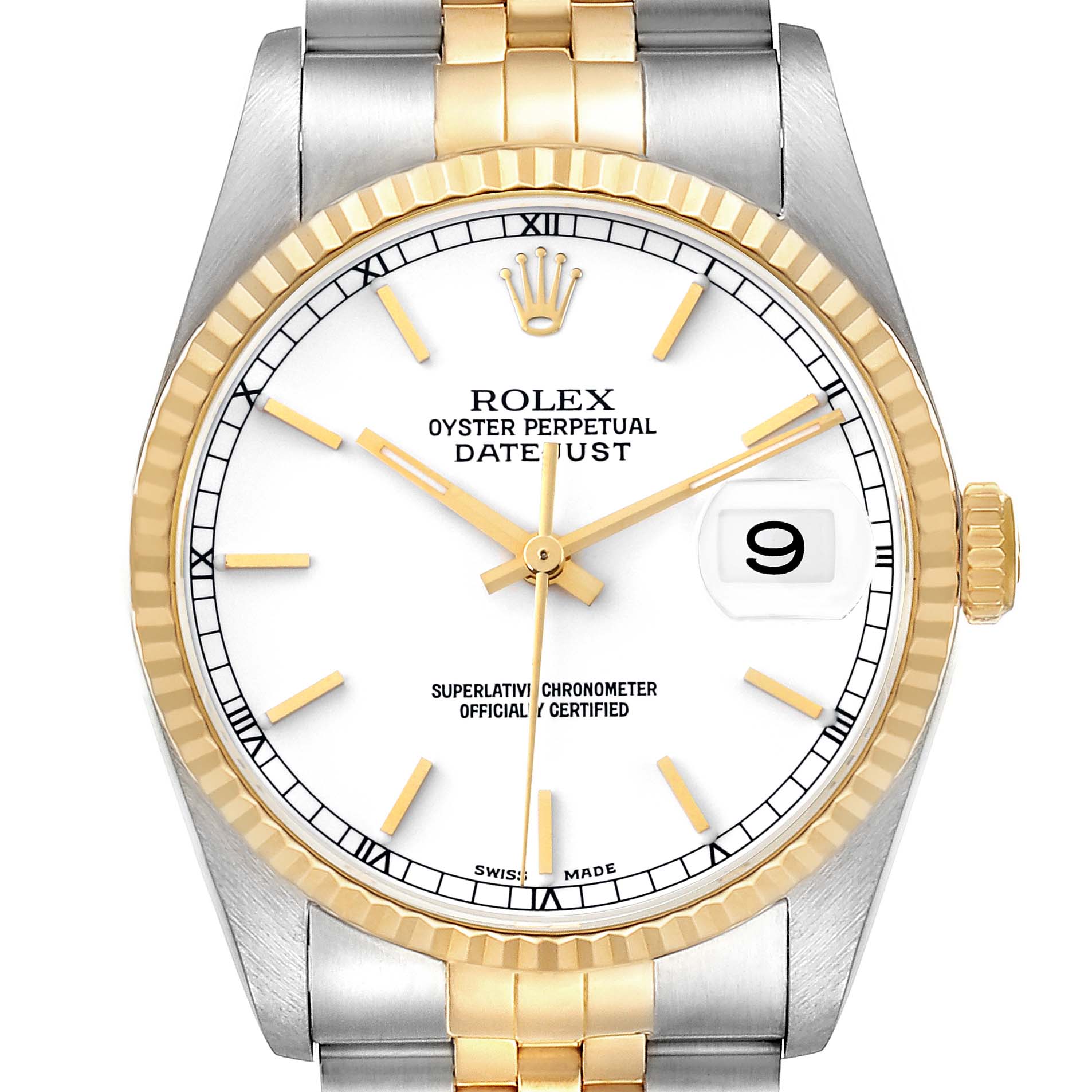 The Rolex Datejust 16233 Men
s Steel and Gold (two tone) White Dial 16233 Men
s Steel and Gold (two tone) White Dial watch is shown from the front, displaying the face, bezel, crown, and part of the bracelet.