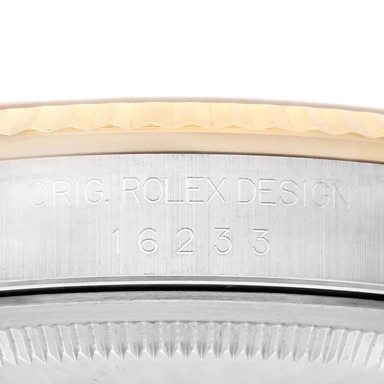 The image shows a close-up of the side of the Rolex Datejust 16233 Men
s Steel and Gold (two tone) White Dial 16233 Men
s Steel and Gold (two tone) White Dial case, highlighting the model number engraving.