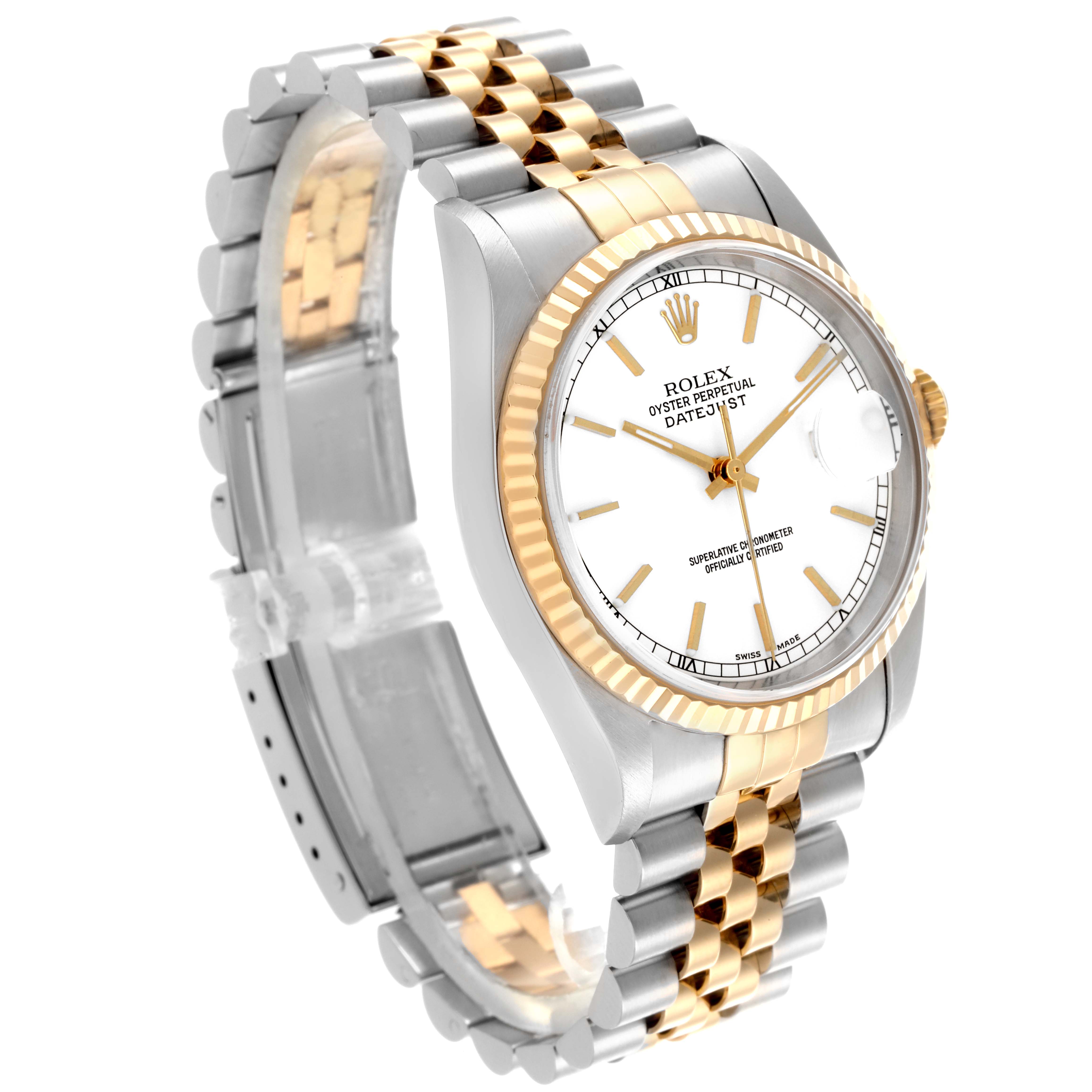 The Rolex Datejust 16233 Men
s Steel and Gold (two tone) White Dial 16233 Men
s Steel and Gold (two tone) White Dial watch is shown at an oblique angle, highlighting the face, bezel, and bicolored bracelet.