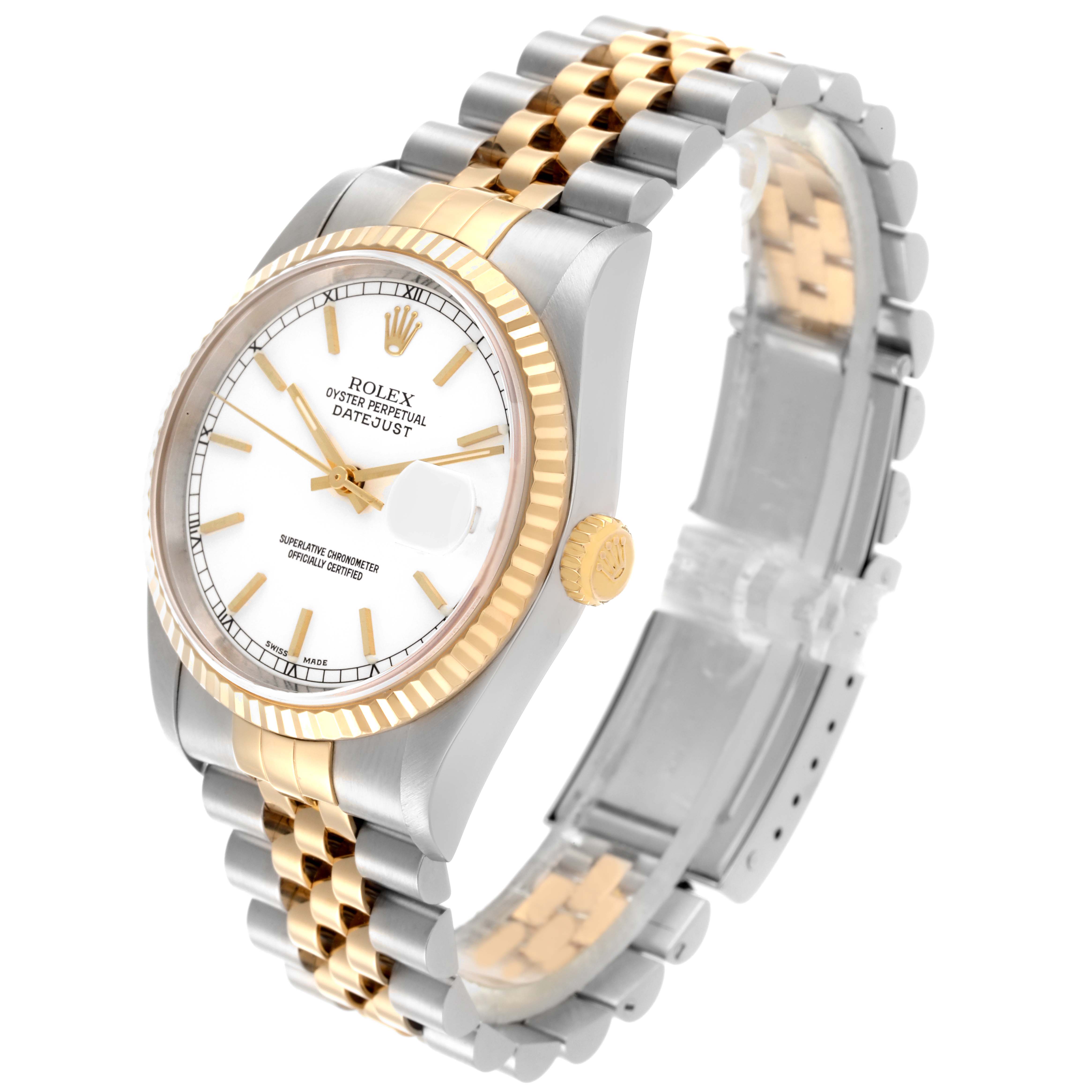 This Rolex Datejust 16233 Men
s Steel and Gold (two tone) White Dial 16233 Men
s Steel and Gold (two tone) White Dial is shown at a side angle, highlighting the dial, bezel, crown, and two-tone bracelet.