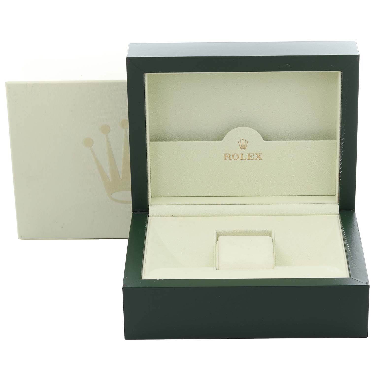 The image shows an open Rolex Datejust 116238 Men's Yellow Gold Mother of Pearl Dial 116238 Men's Yellow Gold Mother of Pearl Dial watch box from a front angle, displaying its interior and cushion.