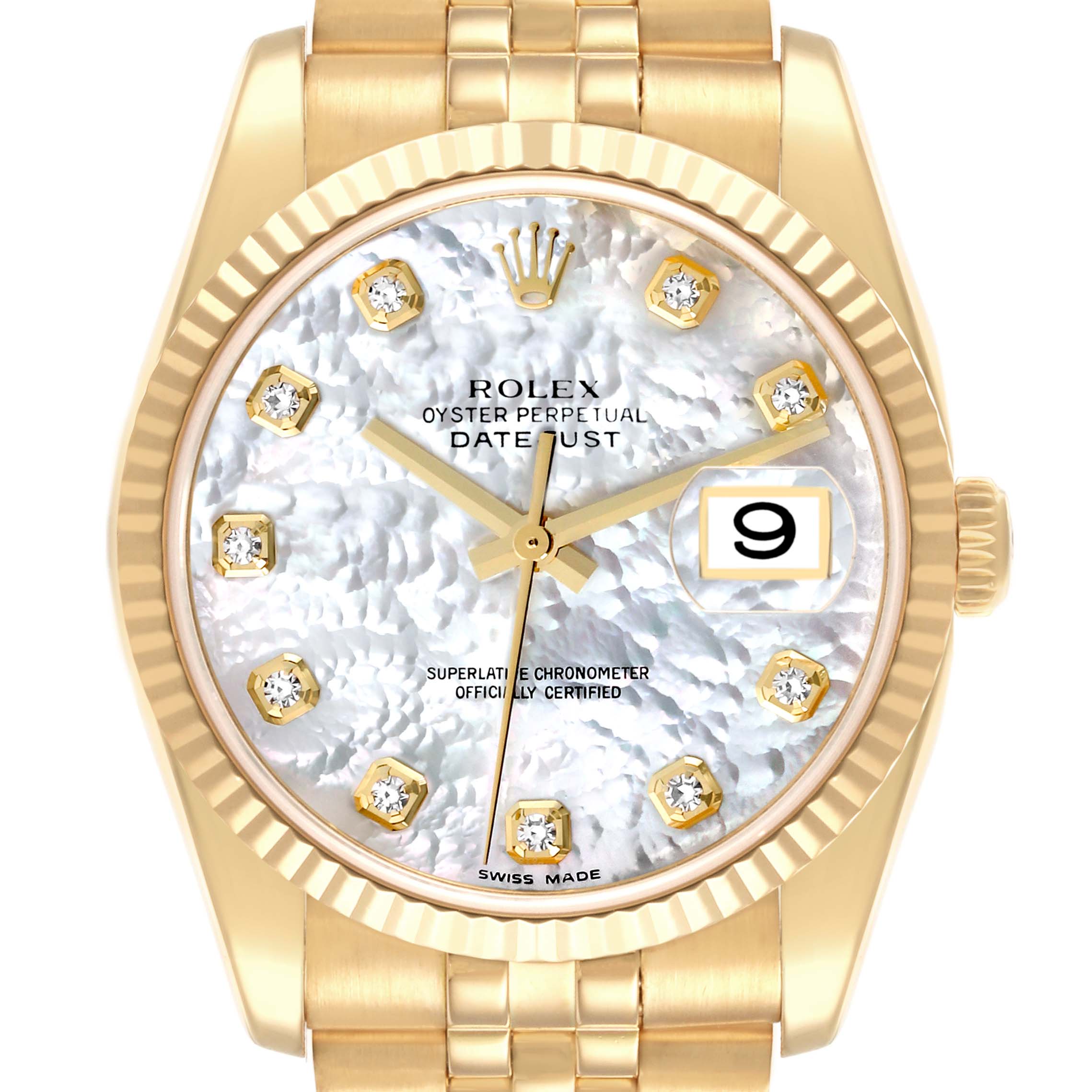 The Rolex Datejust 116238 Men's Yellow Gold Mother of Pearl Dial 116238 Men's Yellow Gold Mother of Pearl Dial watch is shown from a front angle, displaying the dial, bezel, and part of the bracelet.